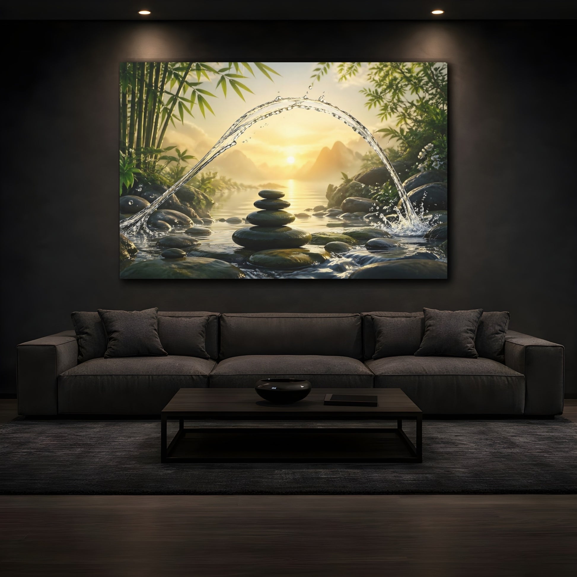Mockup 4. Nature Zen Stones Green And Gold shown as stretched canvas wall art