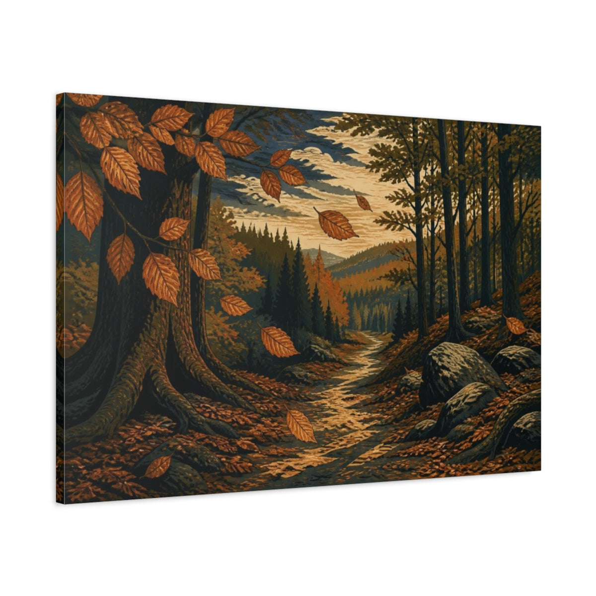 Main Mockup. Nature's Autumn Forest Path shown as canvas print