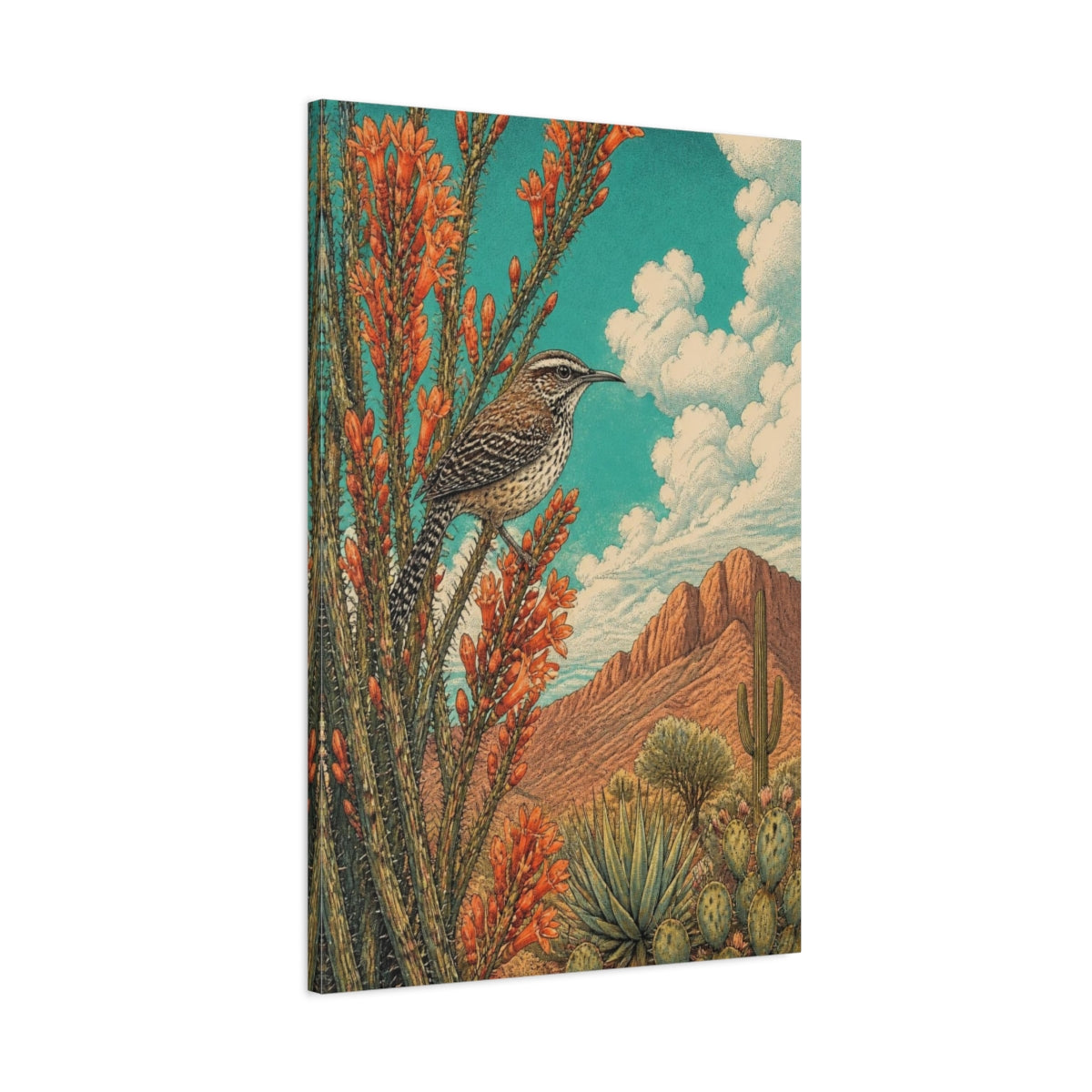 Main Mockup. Nature's Cactus Wren shown as canvas print