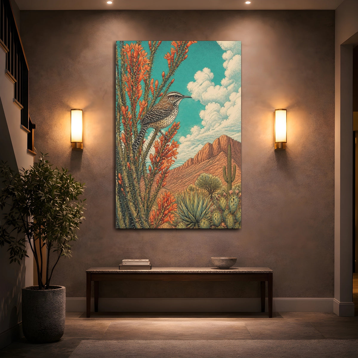 Mockup 2. Nature's Cactus Wren shown as canvas print