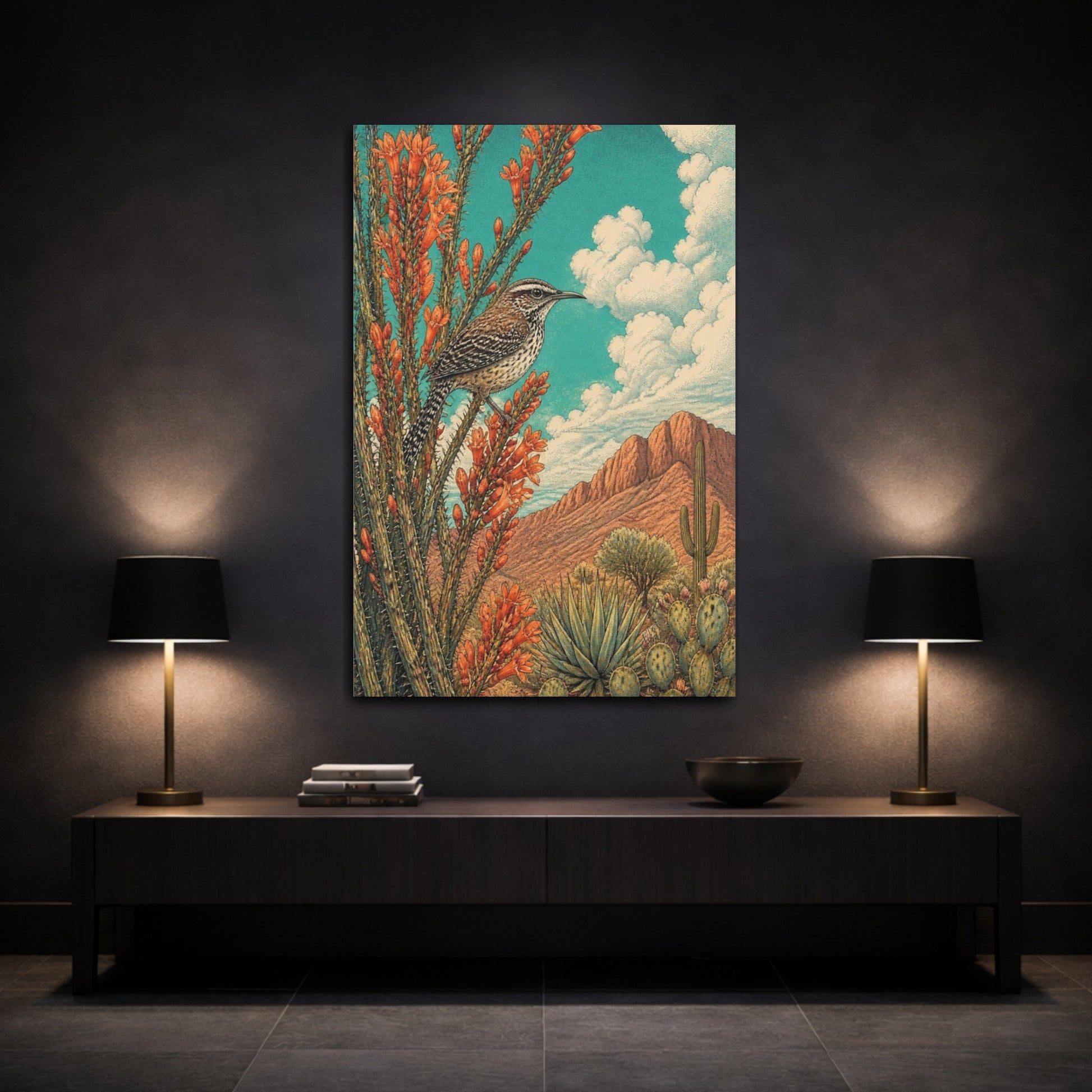 Mockup 3. Nature's Cactus Wren shown as canvas print