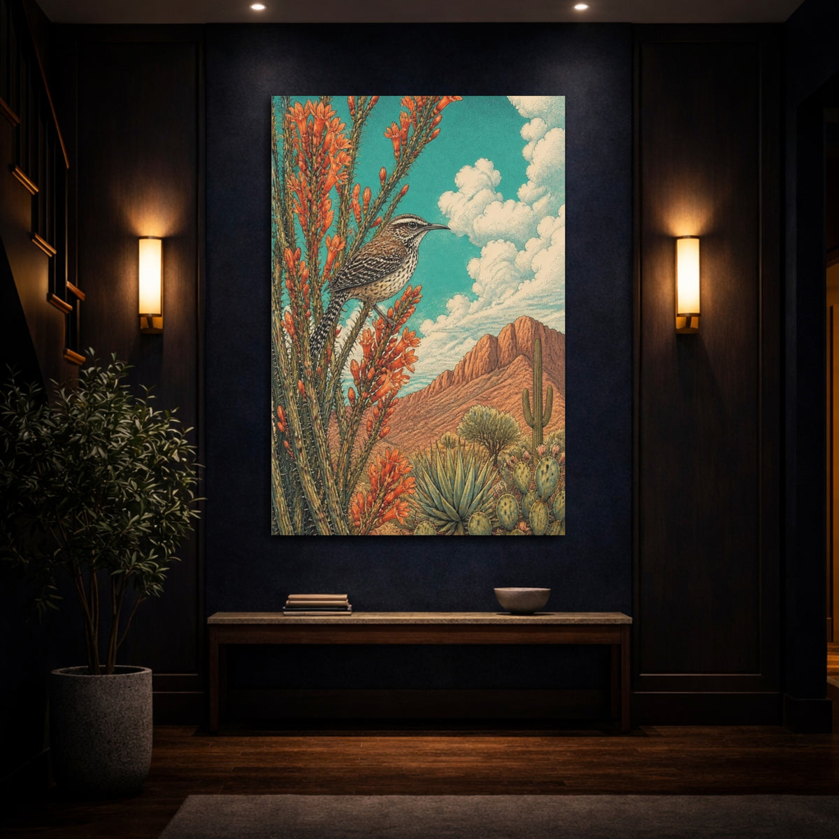 Mockup 4. Nature's Cactus Wren shown as canvas print