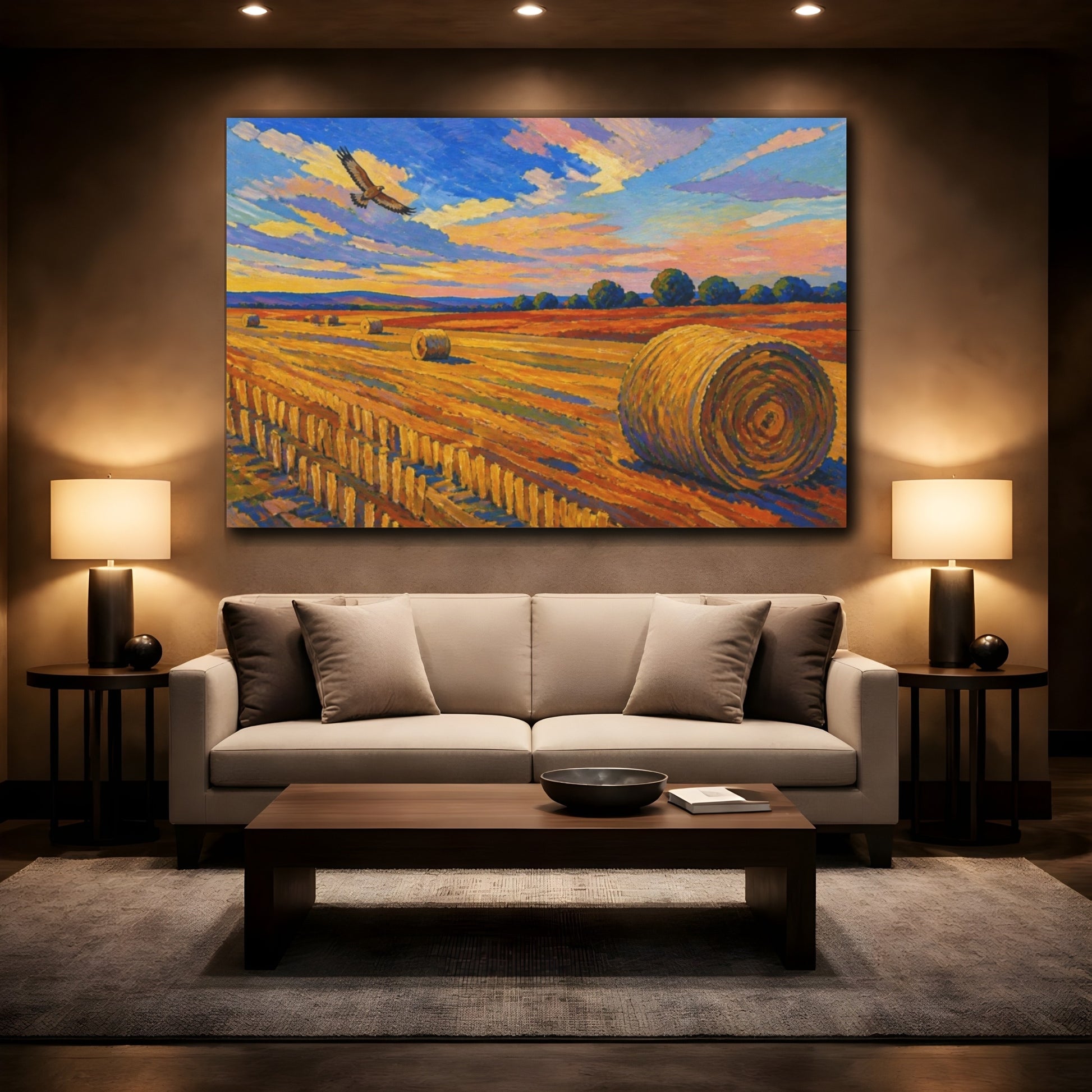 Mockup 2. Nature's Lone Hawk Over Harvest shown as canvas print
