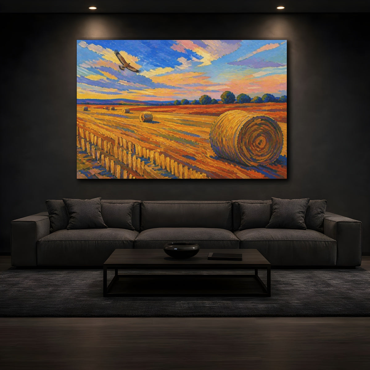 Mockup 3. Nature's Lone Hawk Over Harvest shown as canvas print