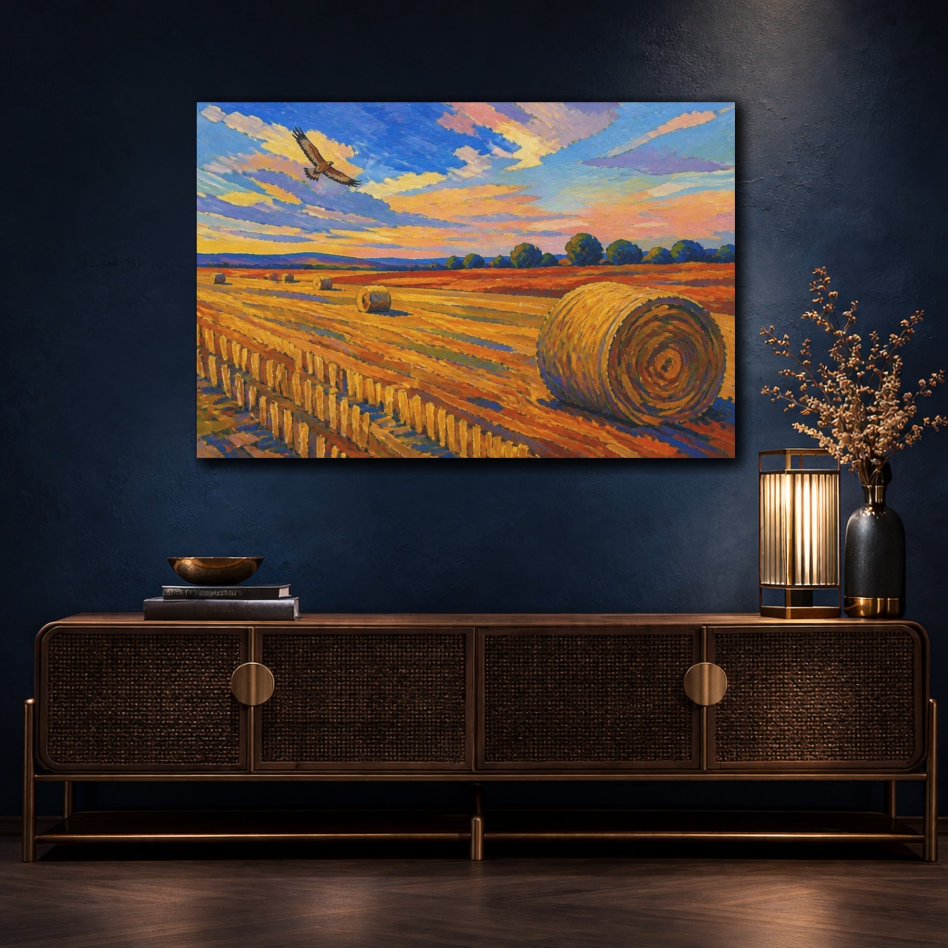 Mockup 4. Nature's Lone Hawk Over Harvest shown as canvas print