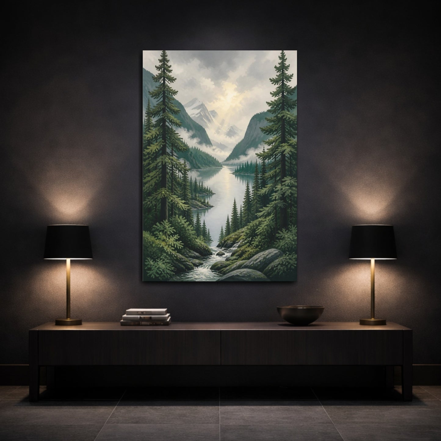 Mockup 3. Nature's Misty Lake shown as canvas print
