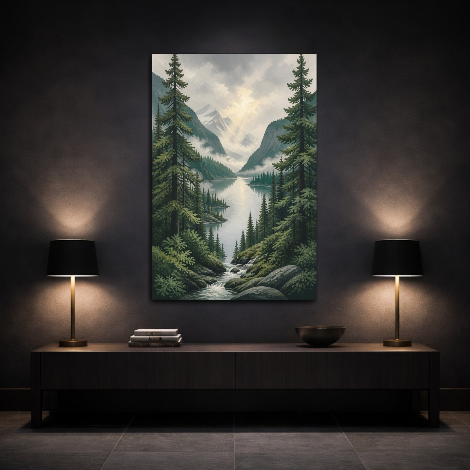 Mockup 3. Nature's Misty Lake shown as canvas print