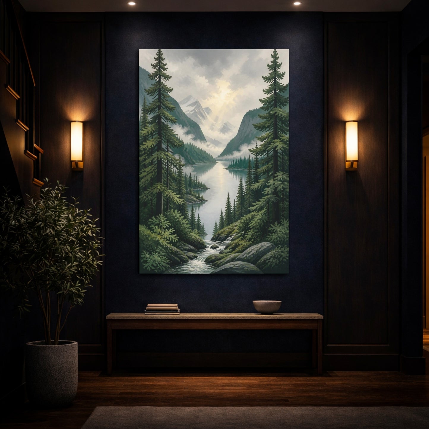 Mockup 4. Nature's Misty Lake shown as canvas print
