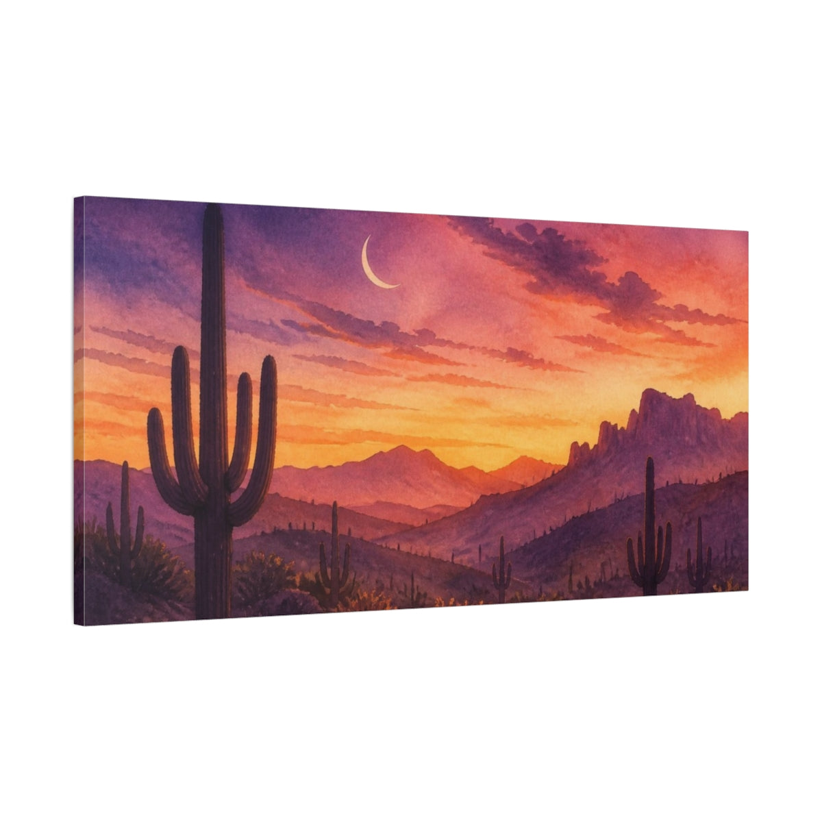 Main Mockup. Nature's Saguaro Sunset shown as canvas print