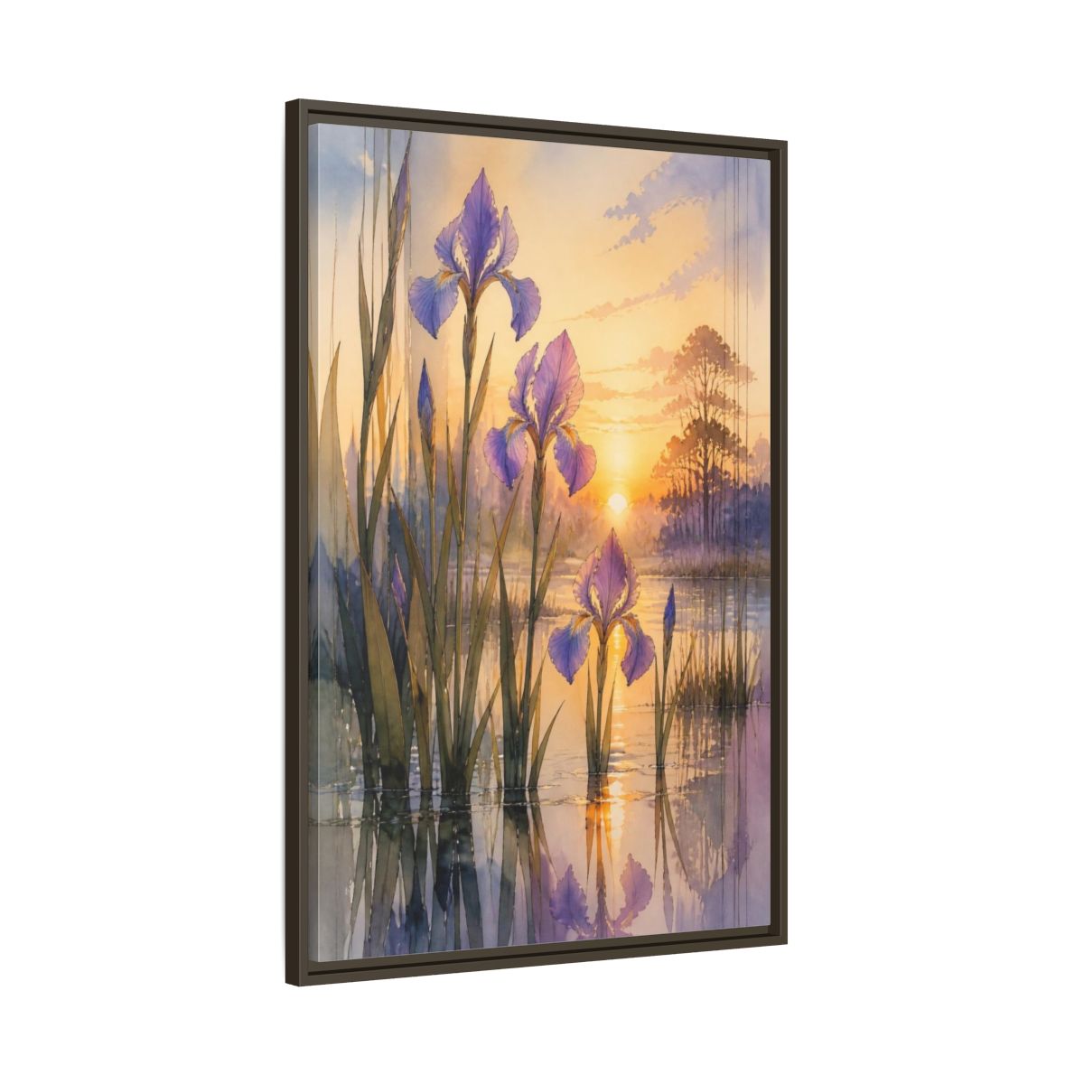 Main Mockup. Nature's Wild Iris Sunrise shown as framed canvas print
