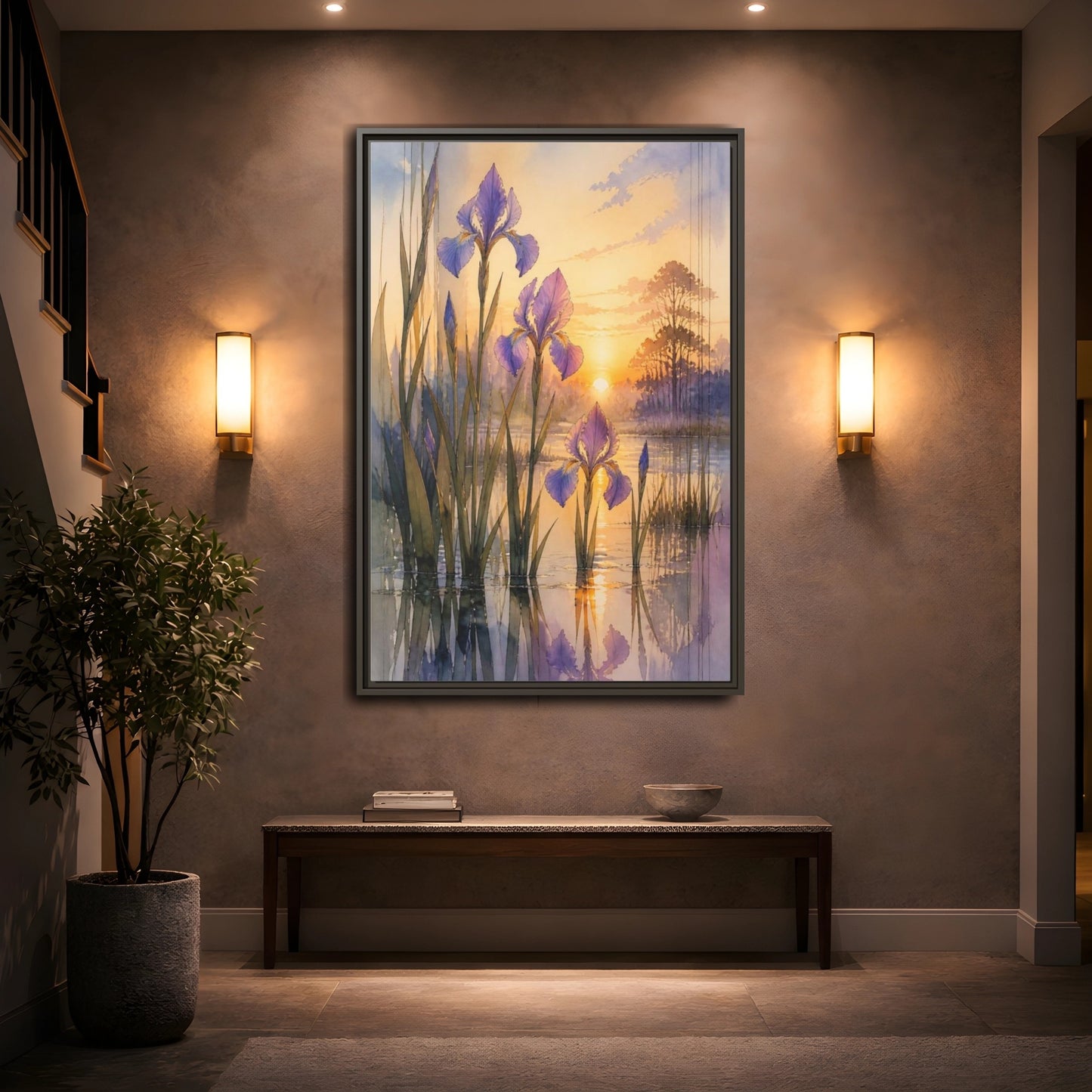 Mockup 2. Nature's Wild Iris Sunrise shown as framed canvas print