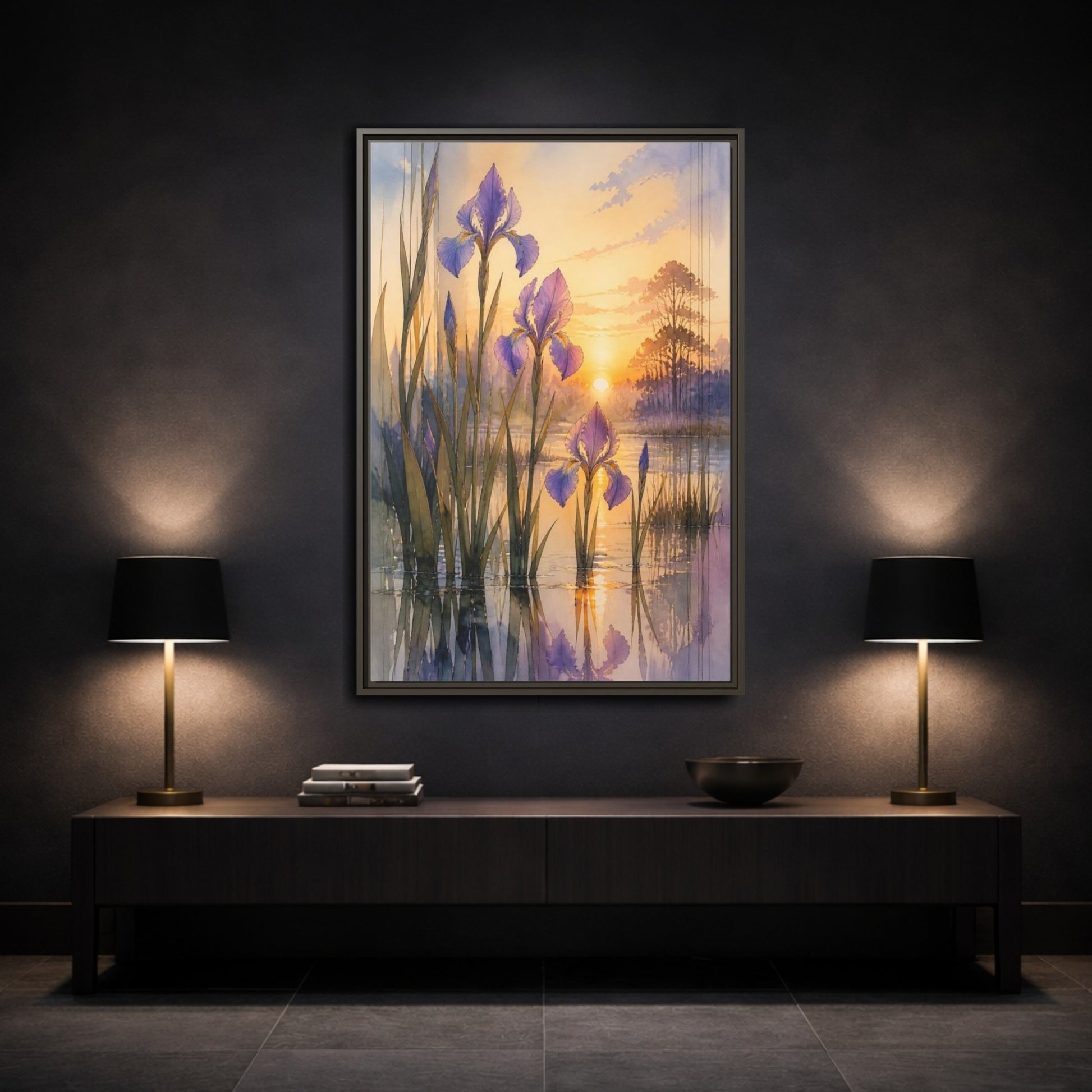 Mockup 3. Nature's Wild Iris Sunrise shown as framed canvas print