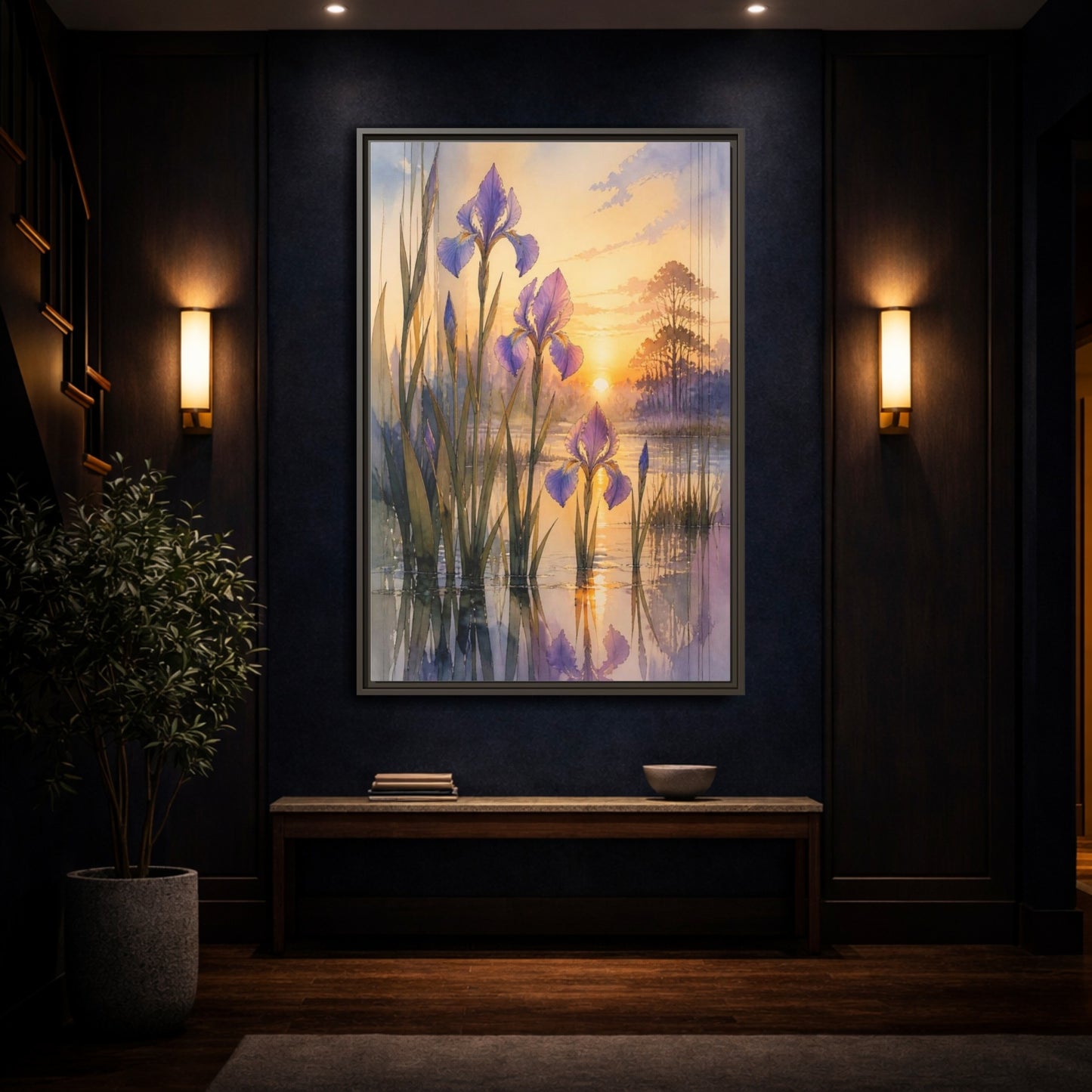 Mockup 4. Nature's Wild Iris Sunrise shown as framed canvas print