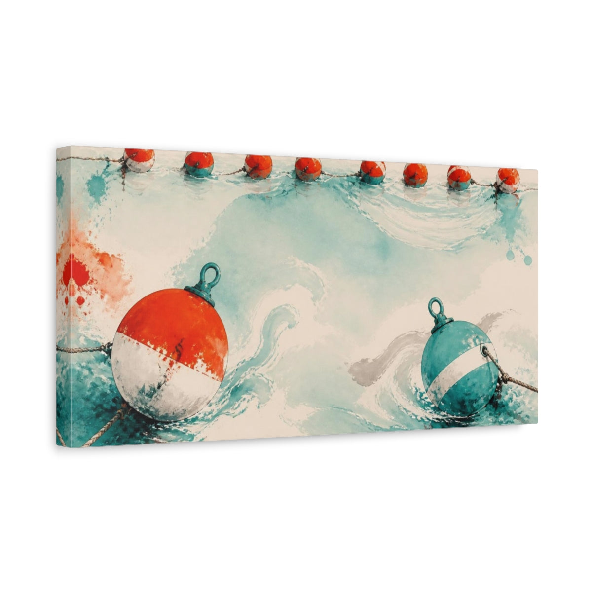 Side Mockup 3. Nautical Buoys In Turquoise shown as canvas print