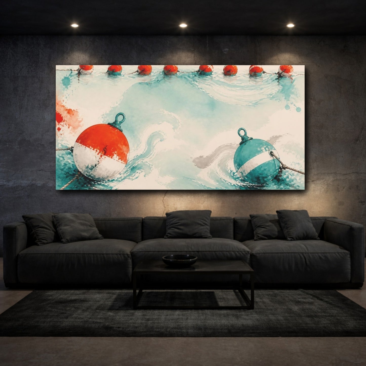 Mockup 3. Nautical Buoys In Turquoise shown as canvas print