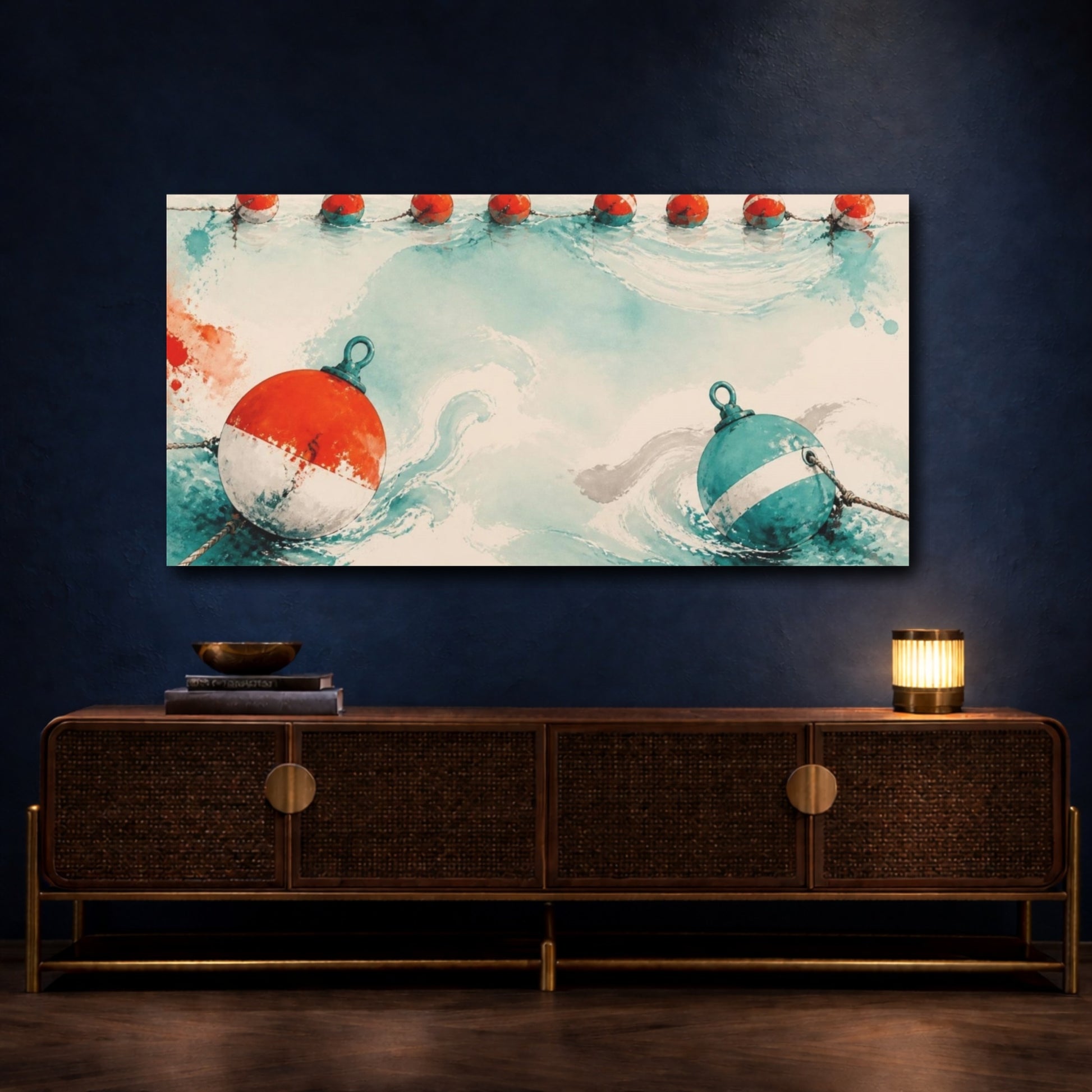 Mockup 4. Nautical Buoys In Turquoise shown as canvas print