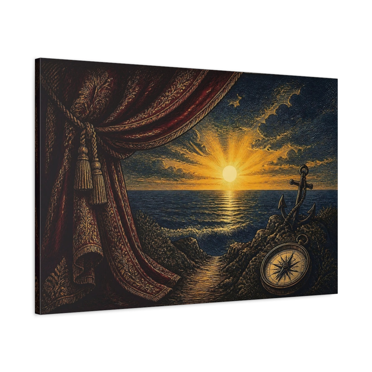 Main Mockup. Nautical Sunset With Compass shown as canvas print