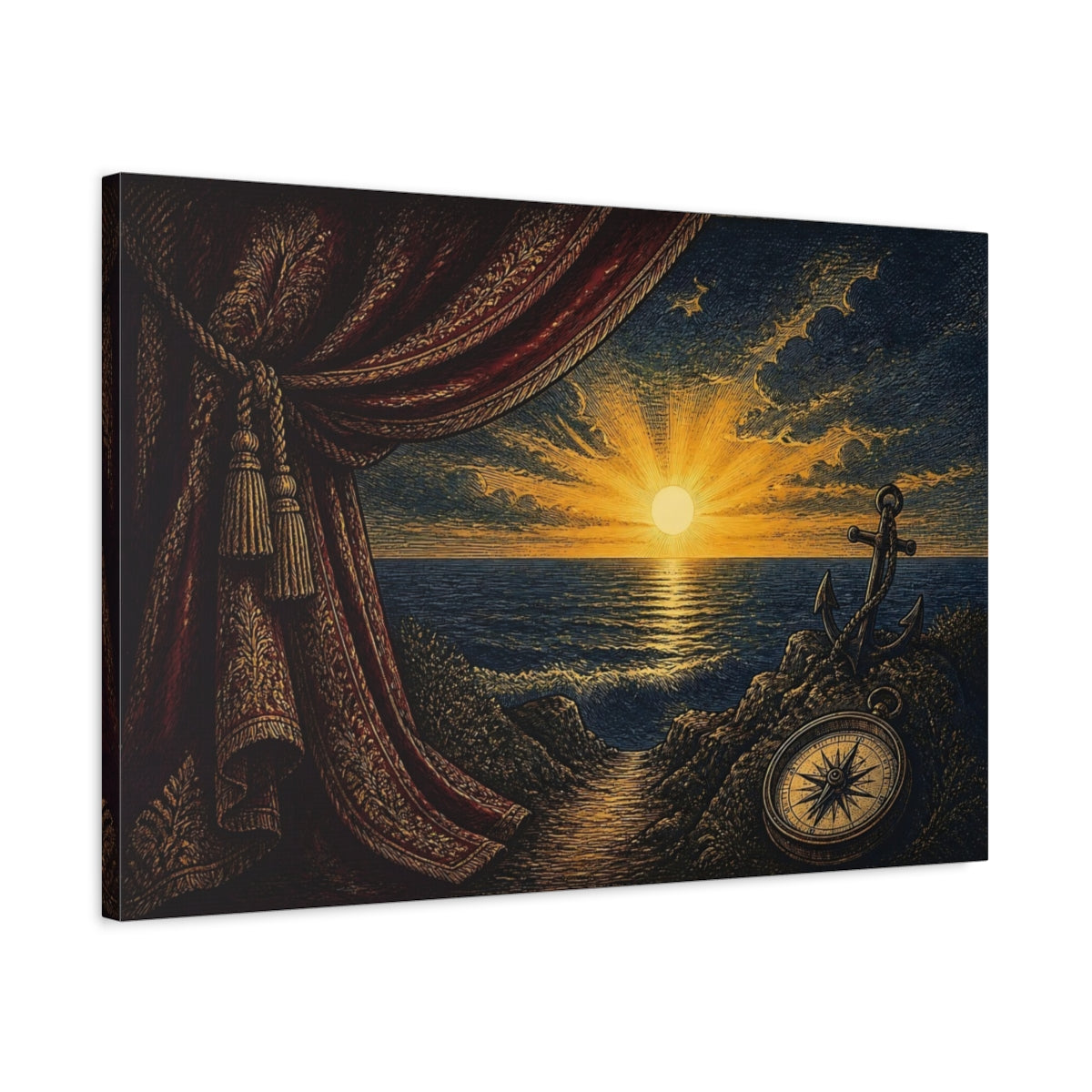 Side Mockup 2. Nautical Sunset With Compass shown as canvas print
