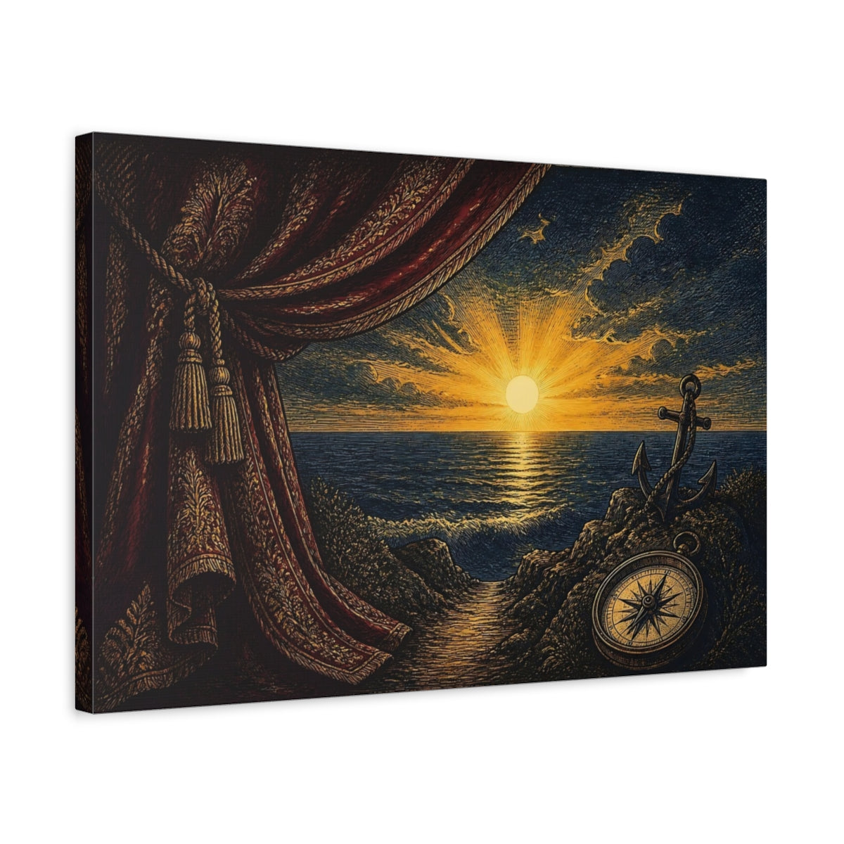 Side Mockup 3. Nautical Sunset With Compass shown as canvas print