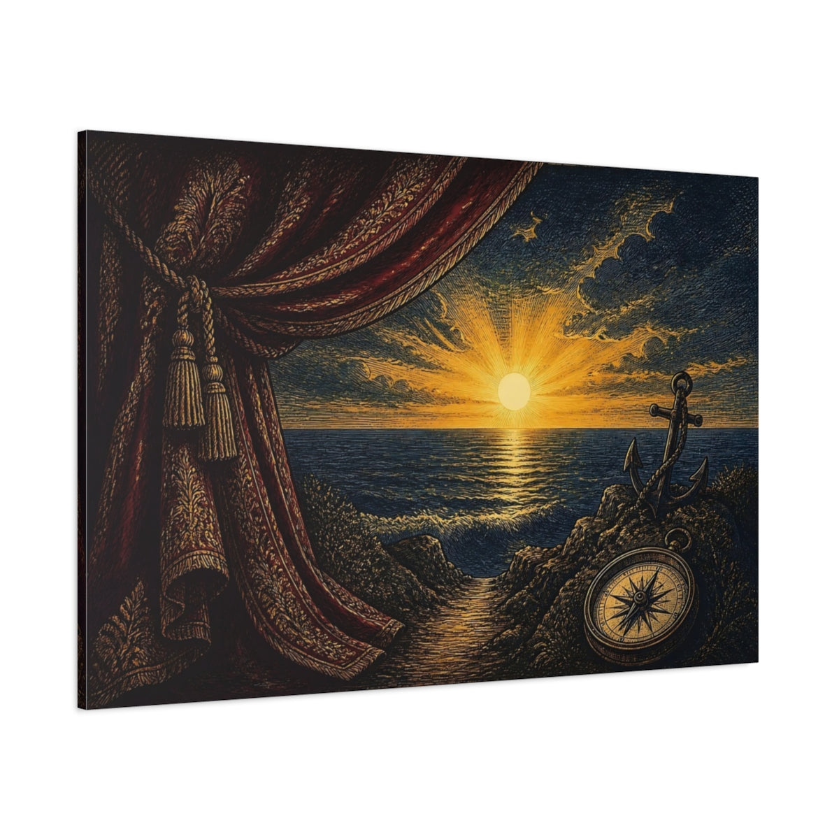 Side Mockup 1. Nautical Sunset With Compass shown as canvas print
