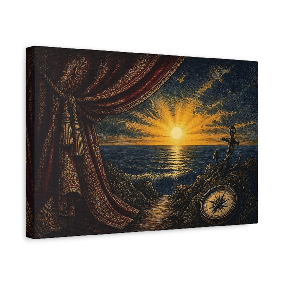 Side Mockup 4. Nautical Sunset With Compass shown as canvas print