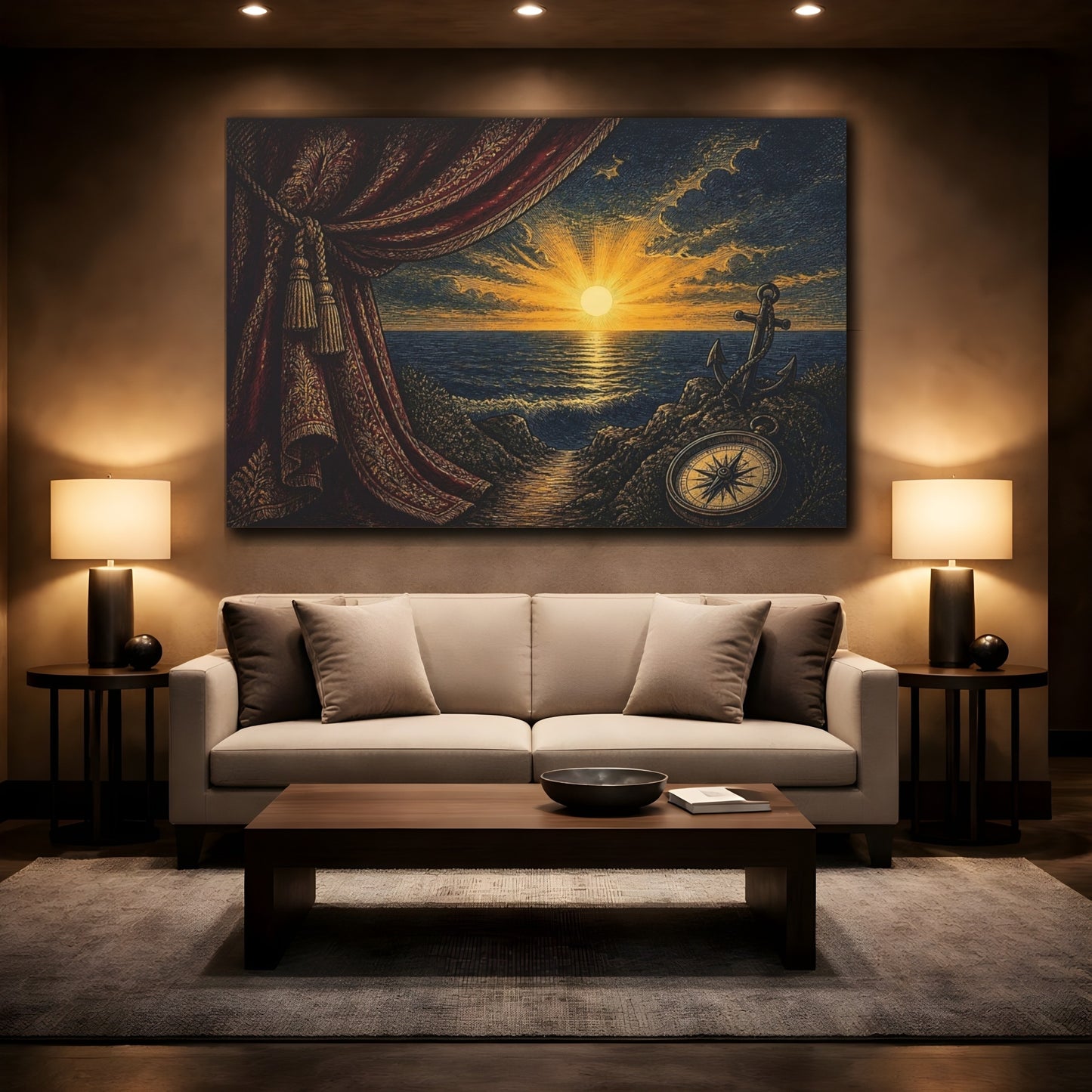 Mockup 2. Nautical Sunset With Compass shown as canvas print