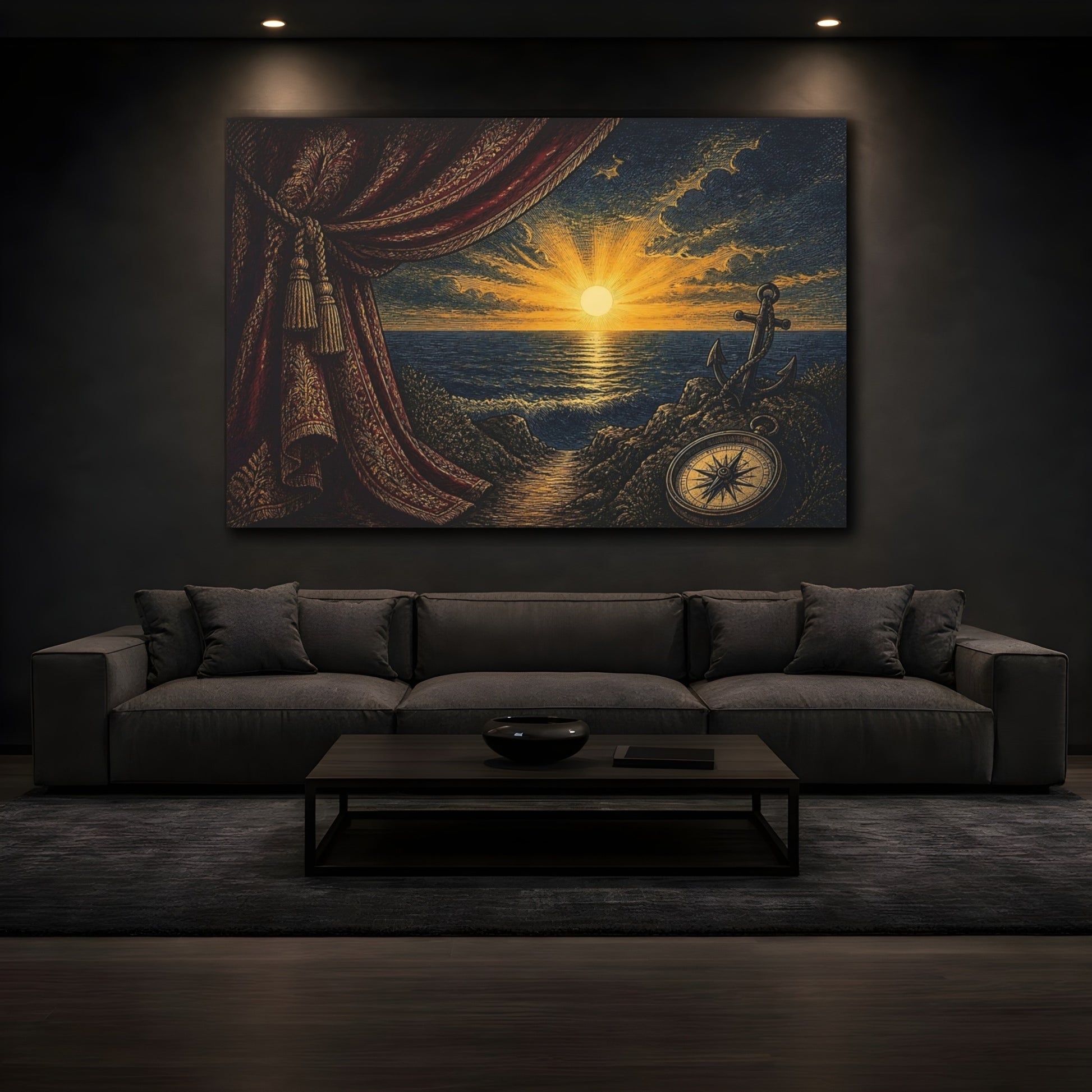 Mockup 3. Nautical Sunset With Compass shown as canvas print