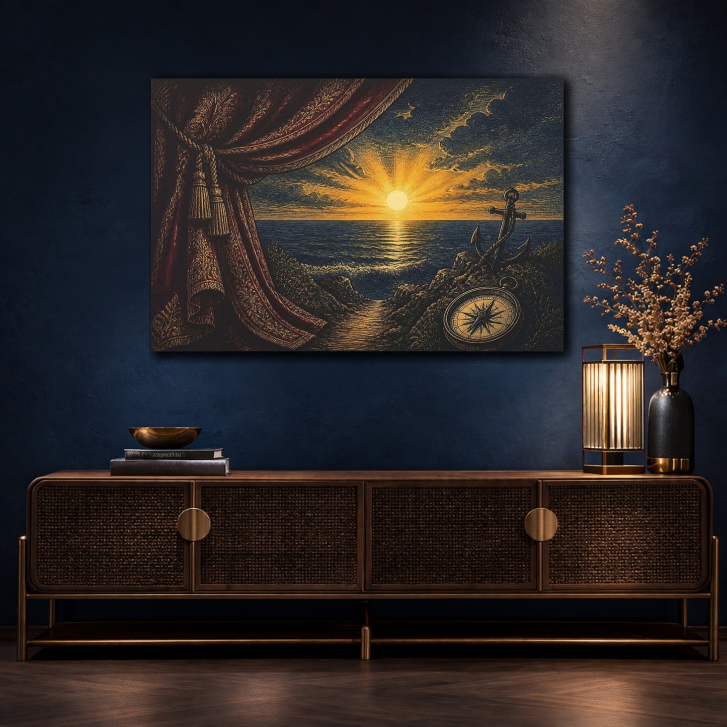 Mockup 4. Nautical Sunset With Compass shown as canvas print