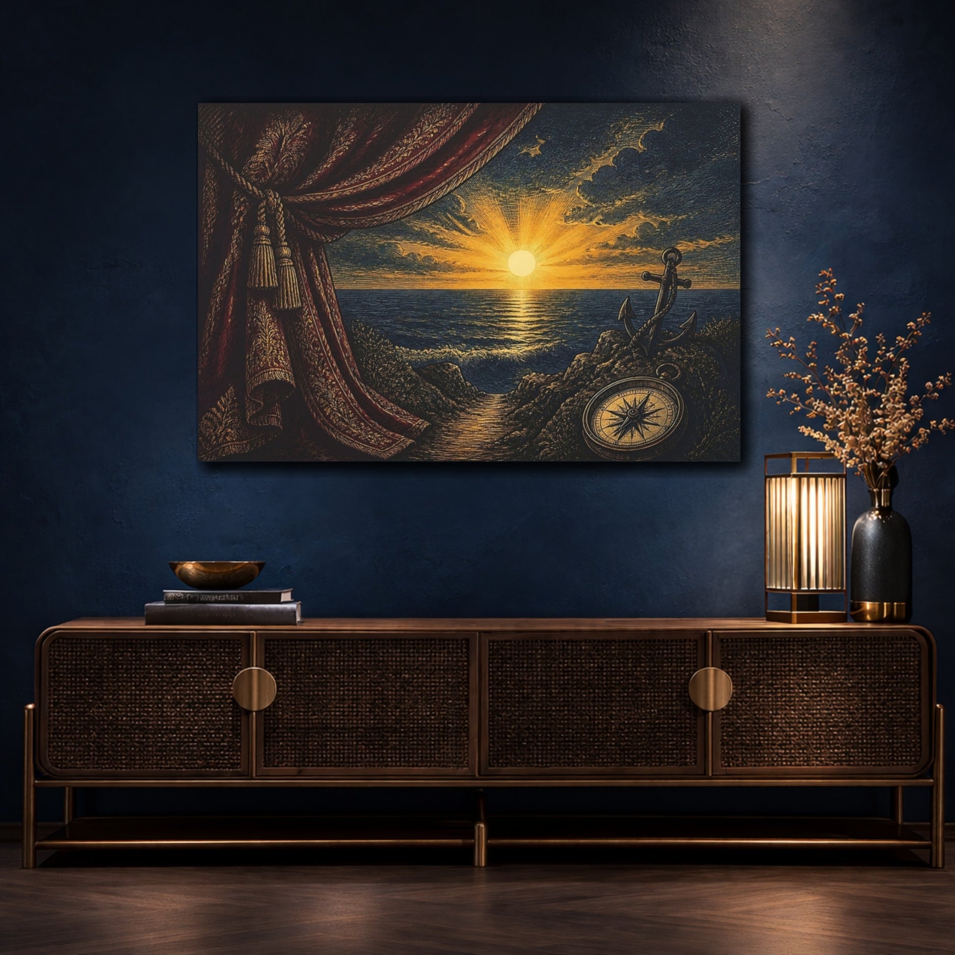 Mockup 4. Nautical Sunset With Compass shown as canvas print