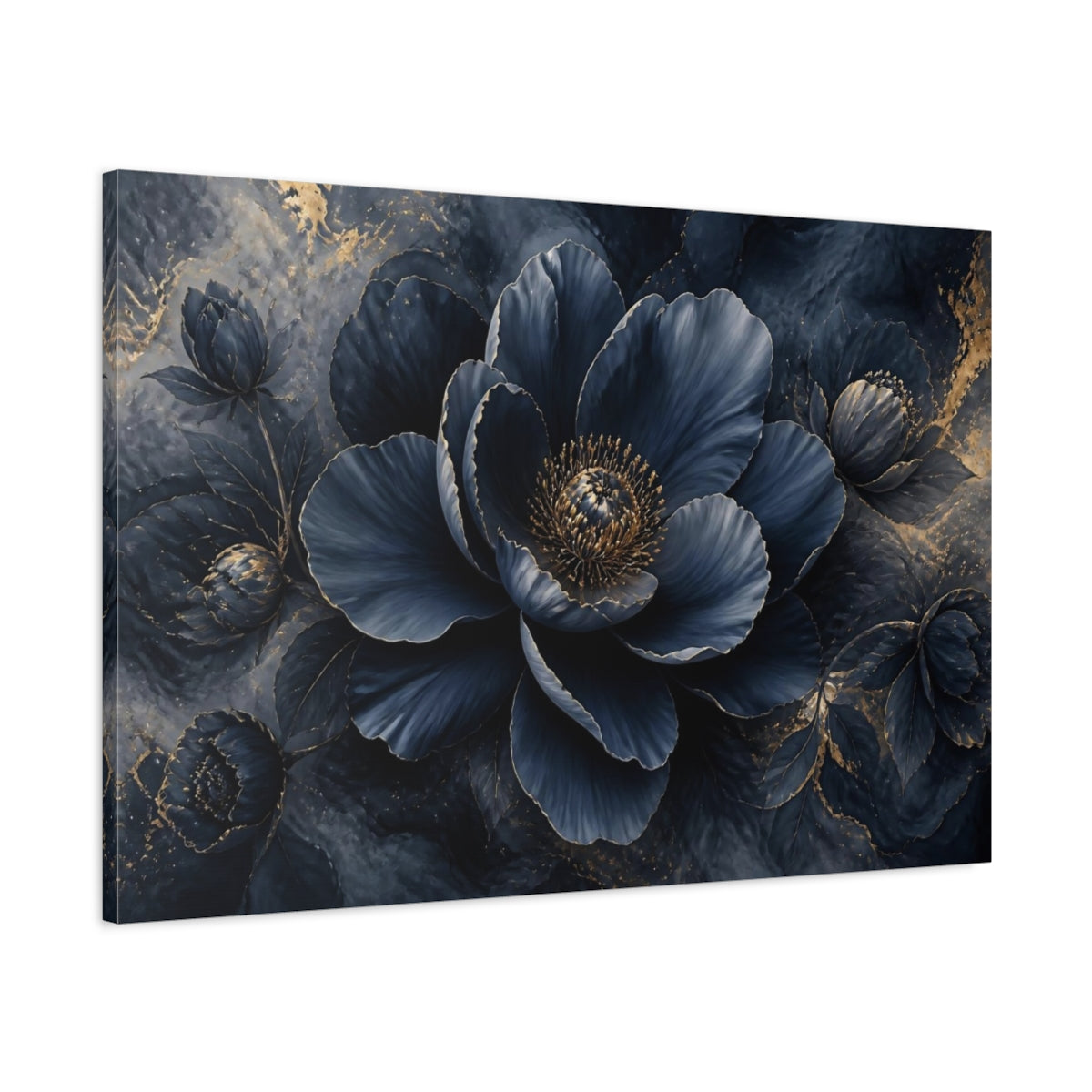 Main Mockup. Navy Gold Flower Bloom shown as canvas print