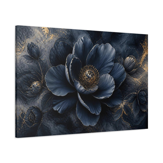 Main Mockup. Navy Gold Flower Bloom shown as canvas print