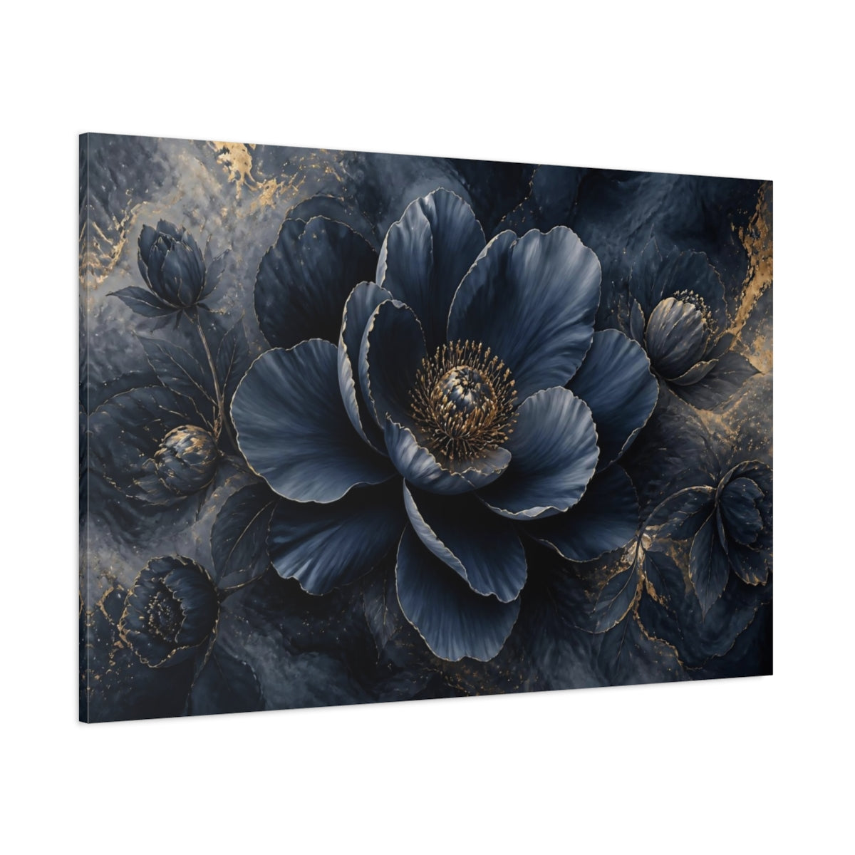 Side Mockup 1. Navy Gold Flower Bloom shown as canvas print