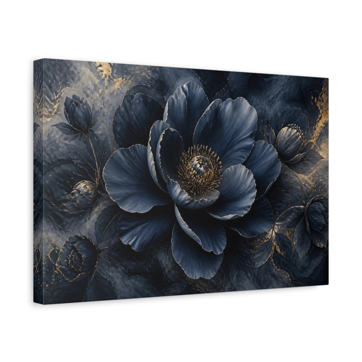 Side Mockup 4. Navy Gold Flower Bloom shown as canvas print