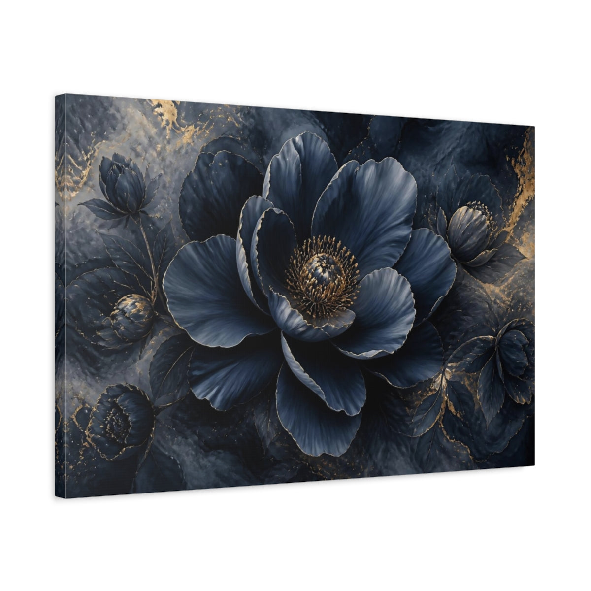Side Mockup 2. Navy Gold Flower Bloom shown as canvas print