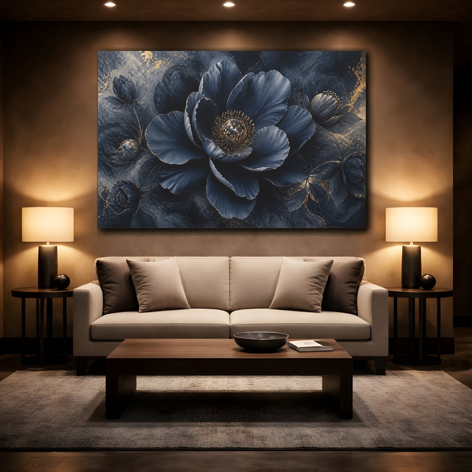 Mockup 2. Navy Gold Flower Bloom shown as canvas print