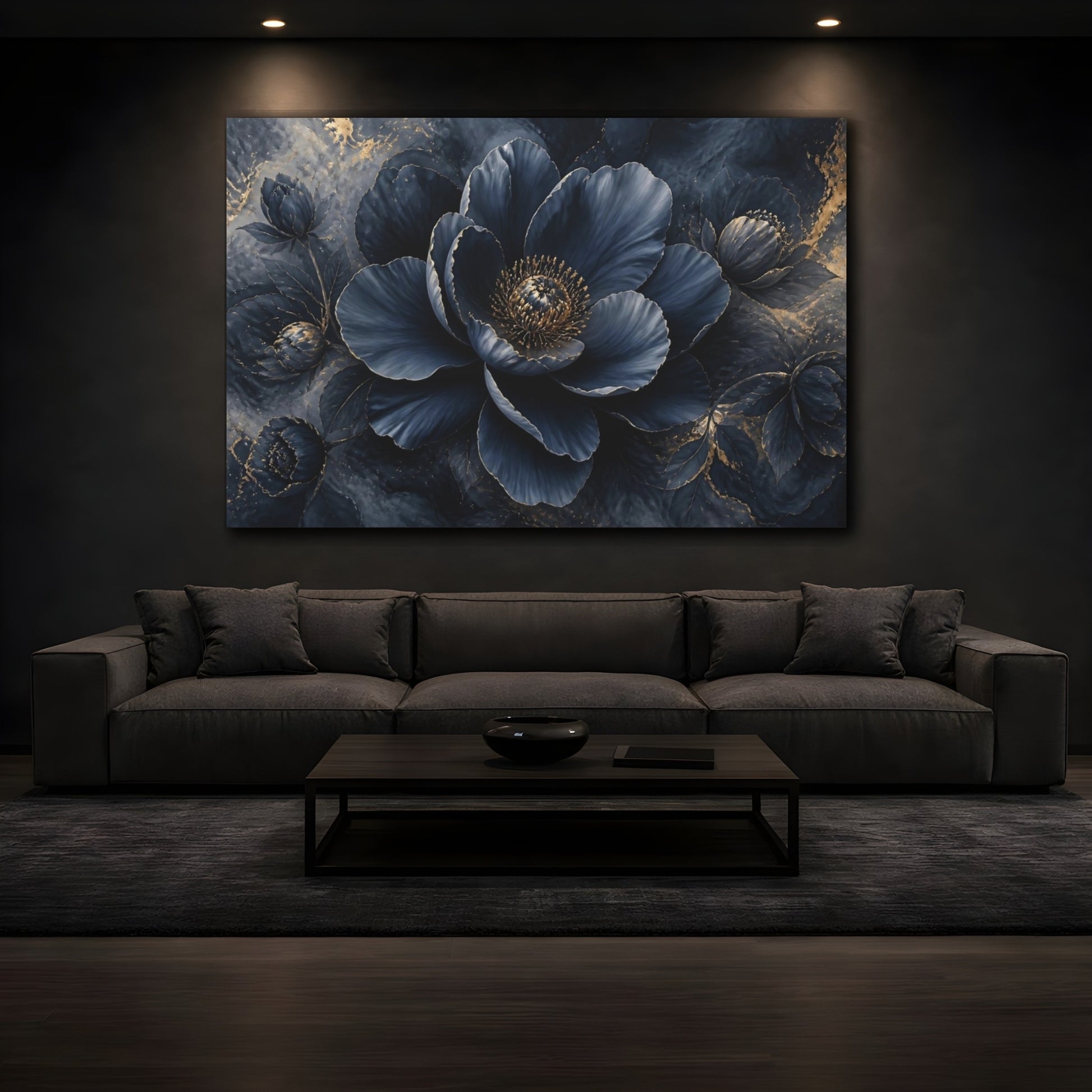 Mockup 3. Navy Gold Flower Bloom shown as canvas print
