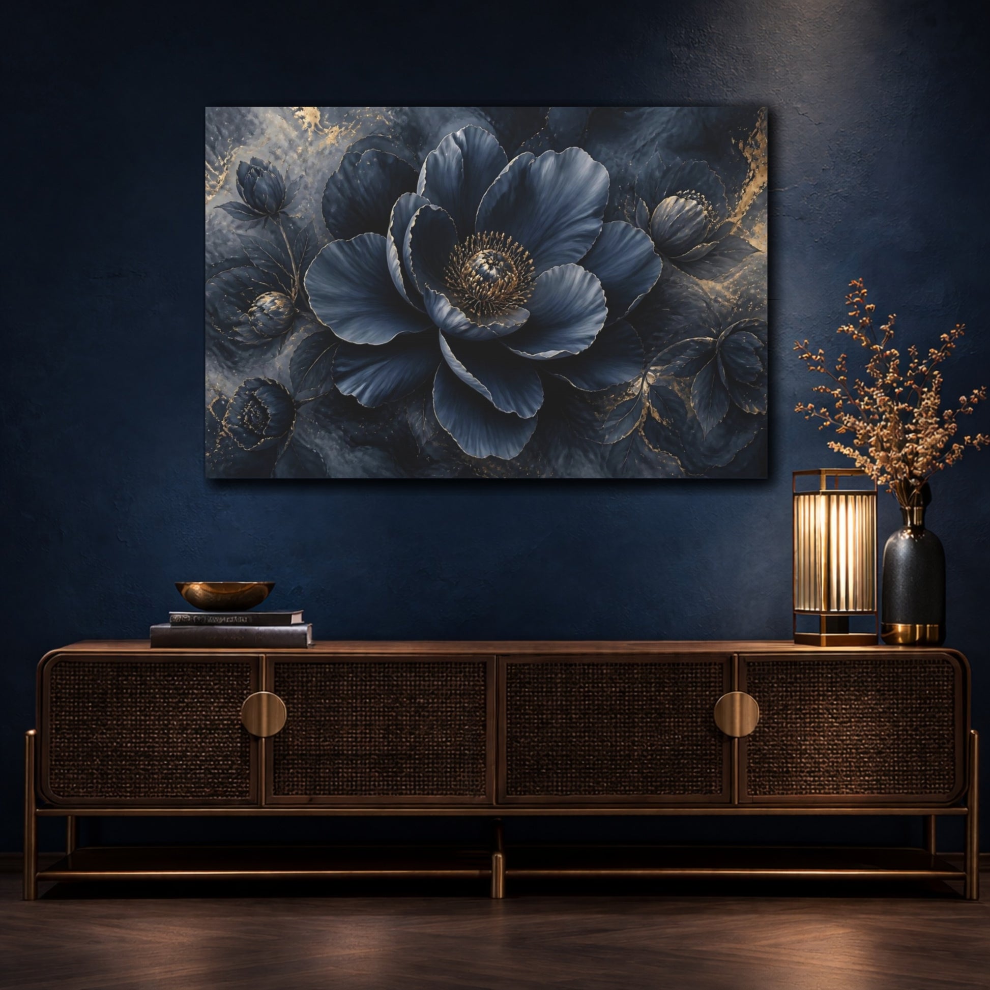 Mockup 4. Navy Gold Flower Bloom shown as canvas print