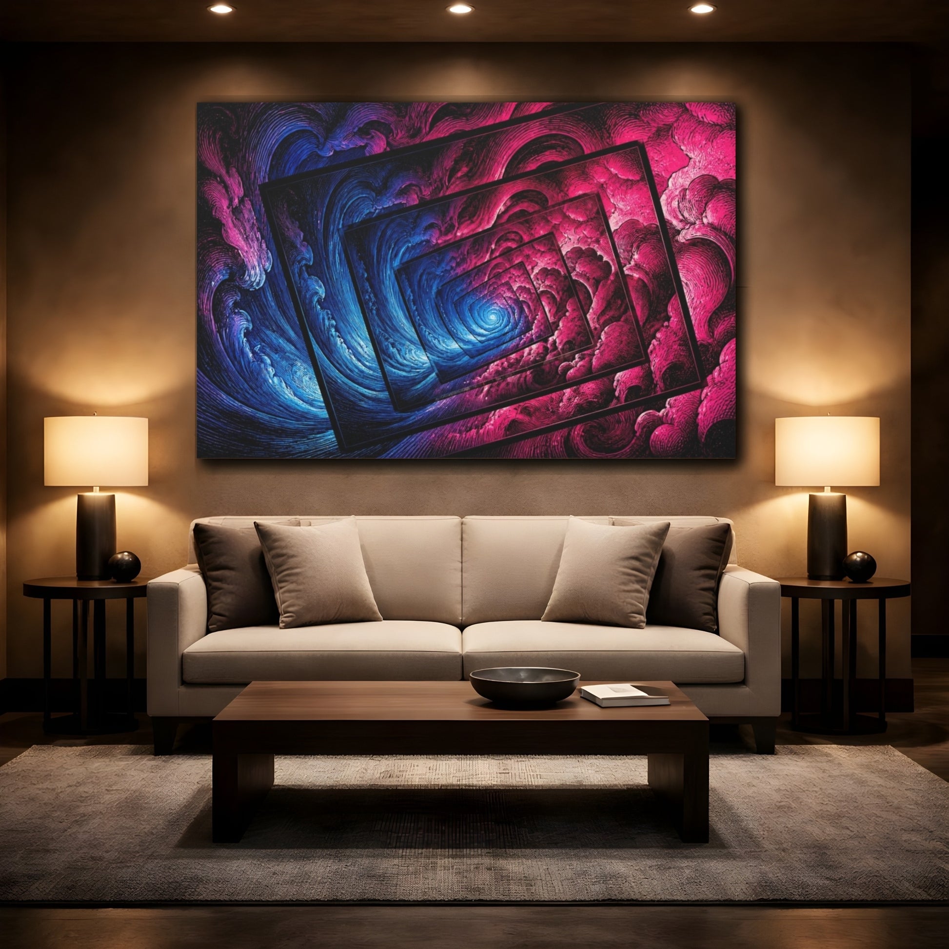 Mockup 2. Neon Illusion Vortex shown as canvas print