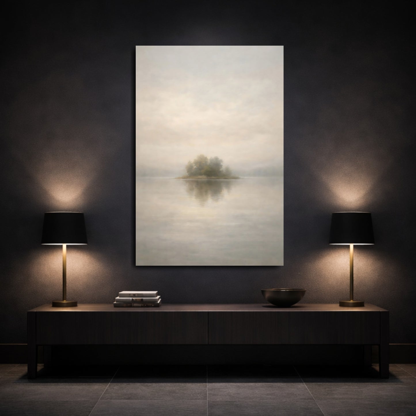 Mockup 2. Neutral Fog Line Horizon Thin shown as stretched canvas wall art