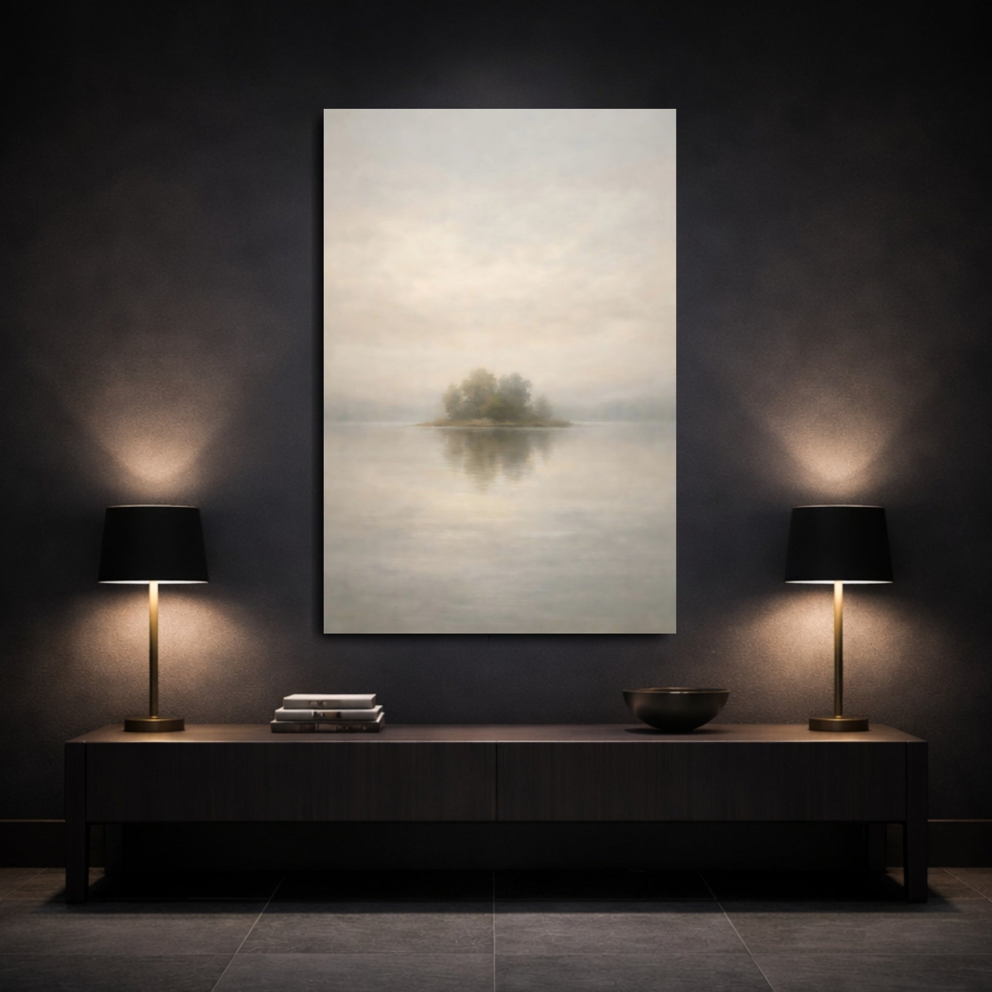 Mockup 2. Neutral Fog Line Horizon Thin shown as stretched canvas wall art