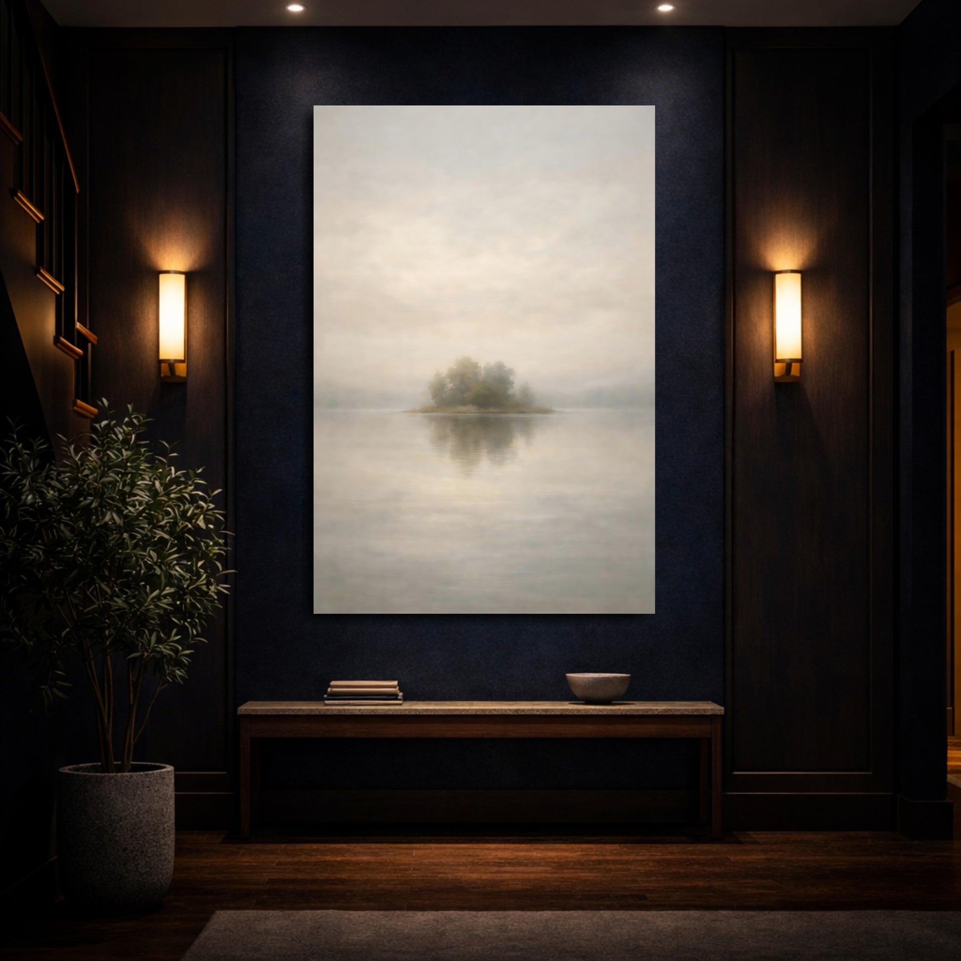 Mockup 3. Neutral Fog Line Horizon Thin shown as stretched canvas wall art