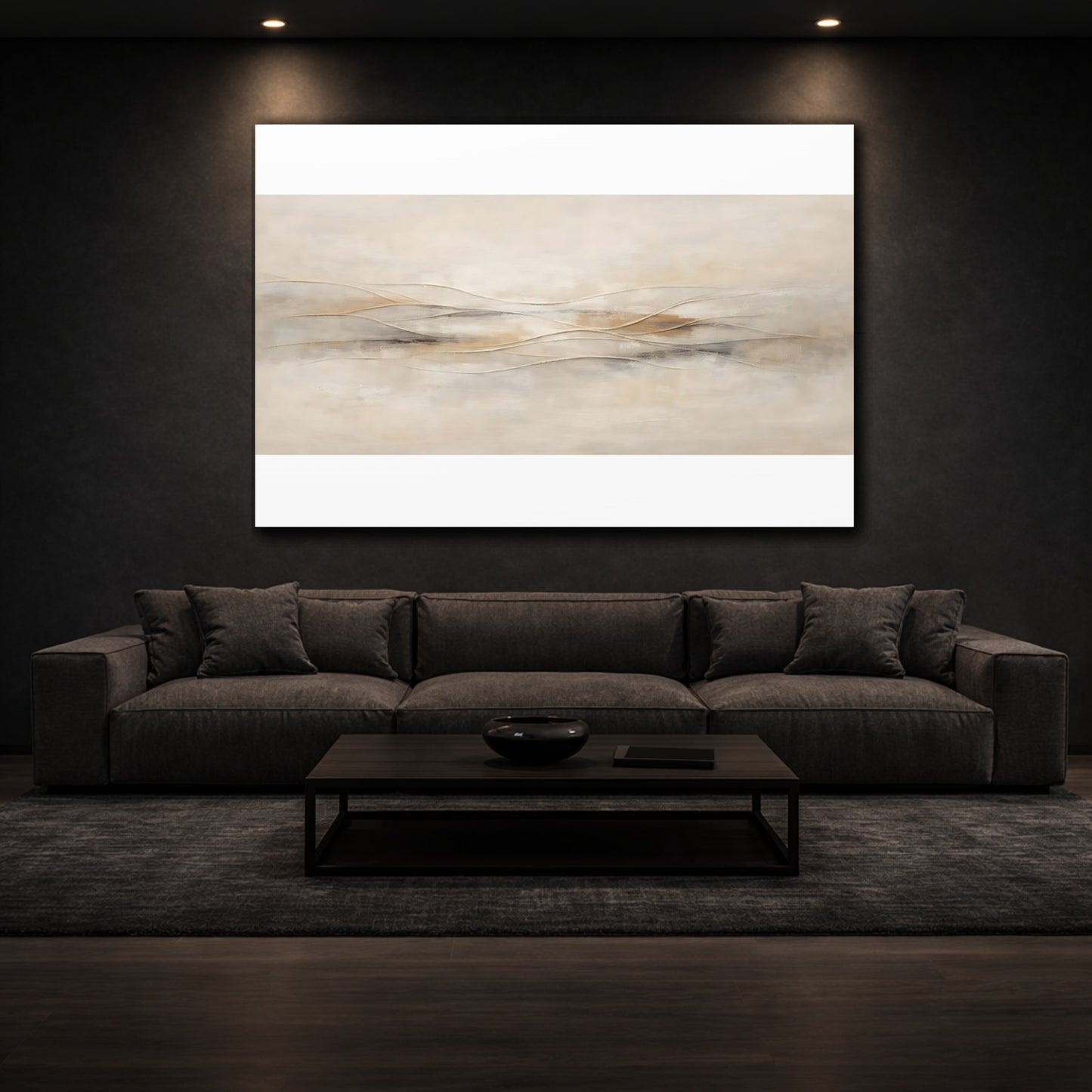 Mockup 2. Neutral Textured Abstract With Carved Lines shown as stretched canvas wall art
