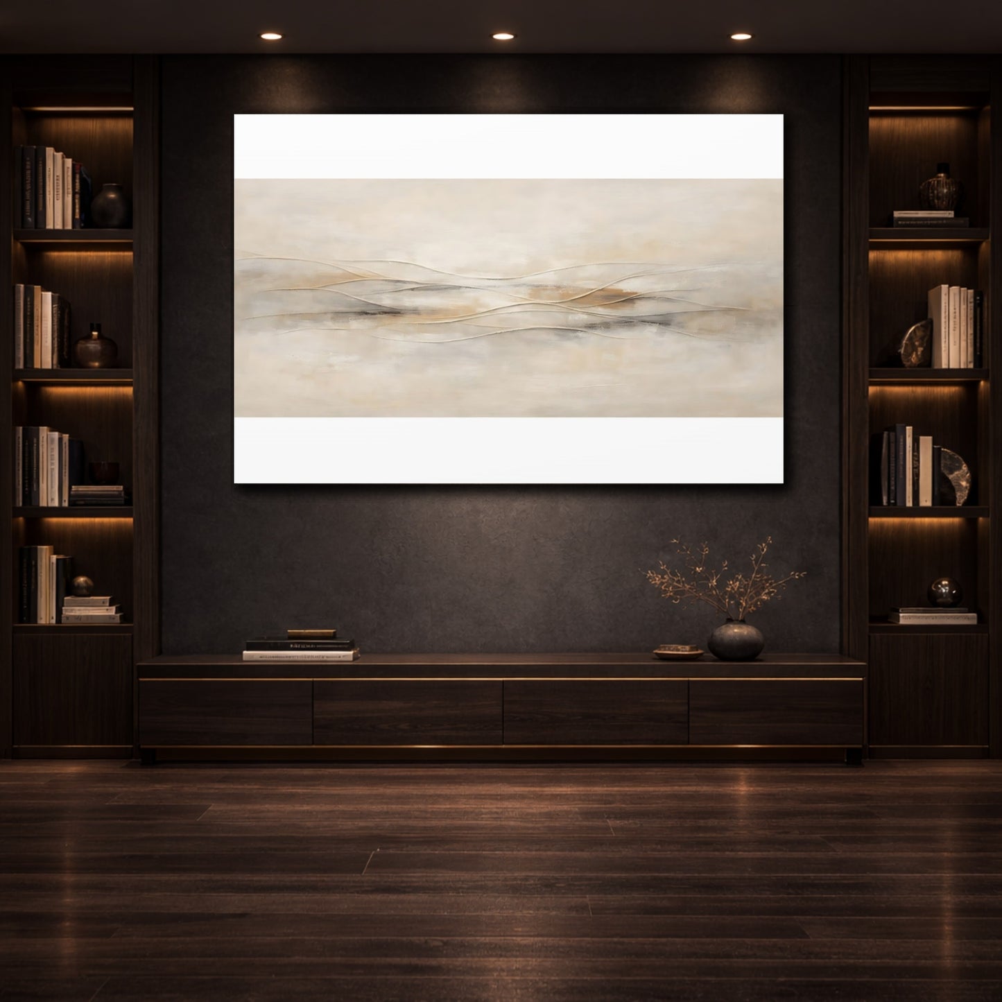 Mockup 3. Neutral Textured Abstract With Carved Lines shown as stretched canvas wall art