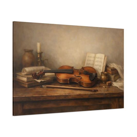 Main Mockup. Neutral Violin On Wooden Table Scene shown as stretched canvas wall art