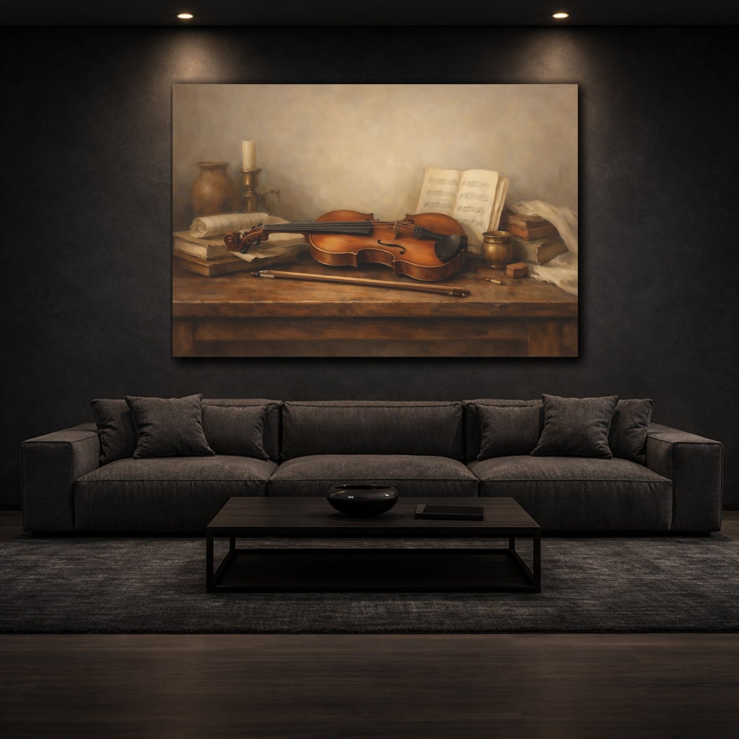 Mockup 2. Neutral Violin On Wooden Table Scene shown as stretched canvas wall art