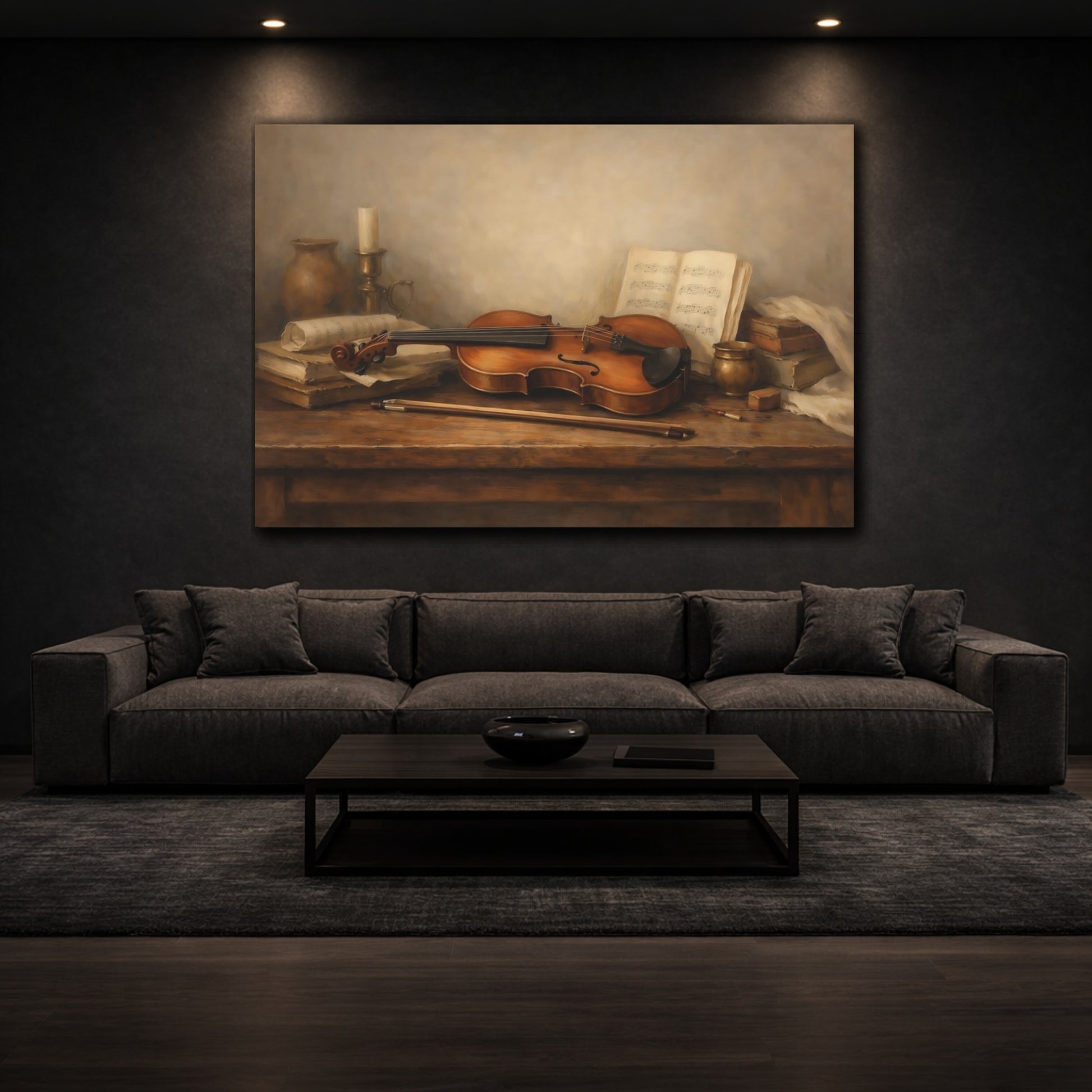 Mockup 2. Neutral Violin On Wooden Table Scene shown as stretched canvas wall art