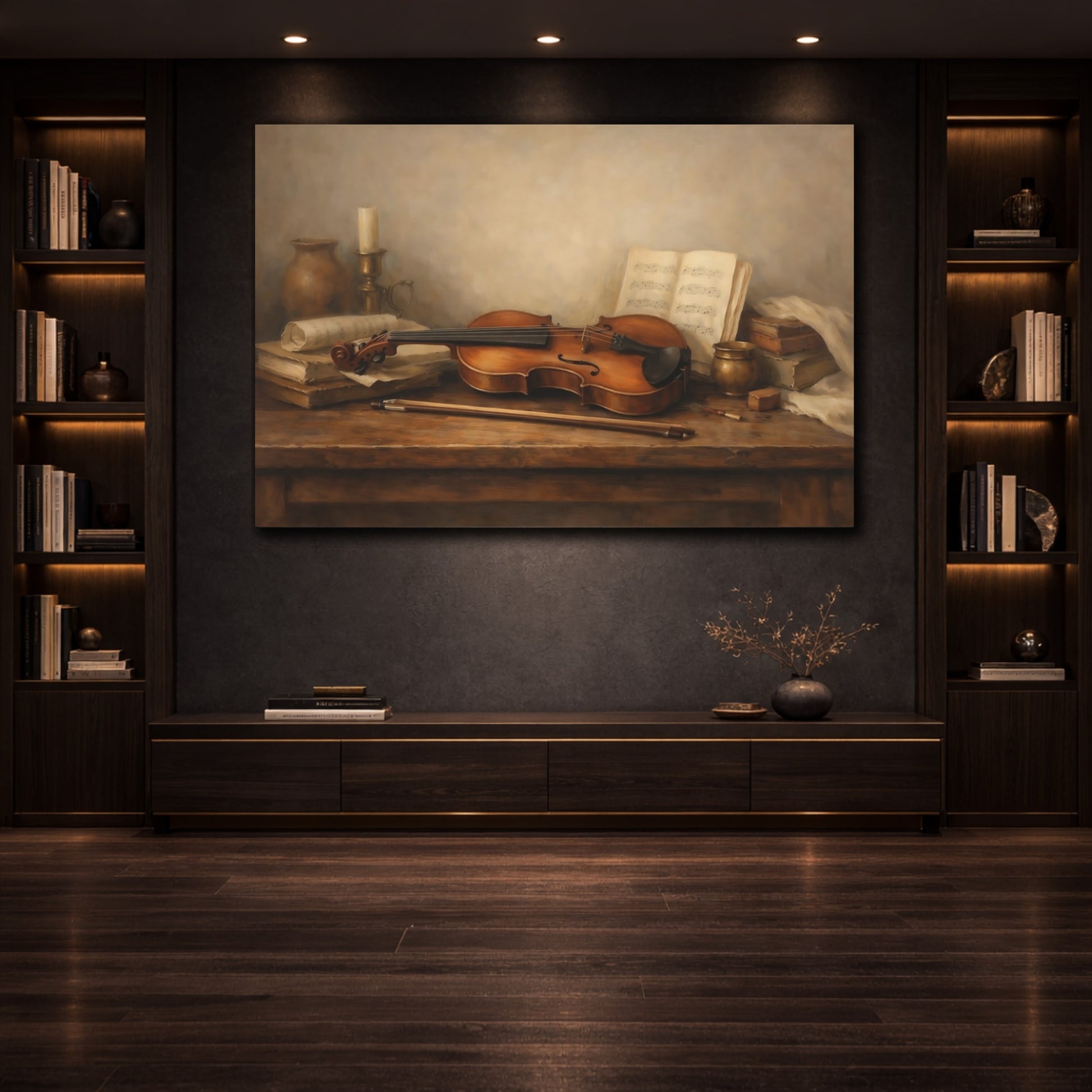 Mockup 3. Neutral Violin On Wooden Table Scene shown as stretched canvas wall art