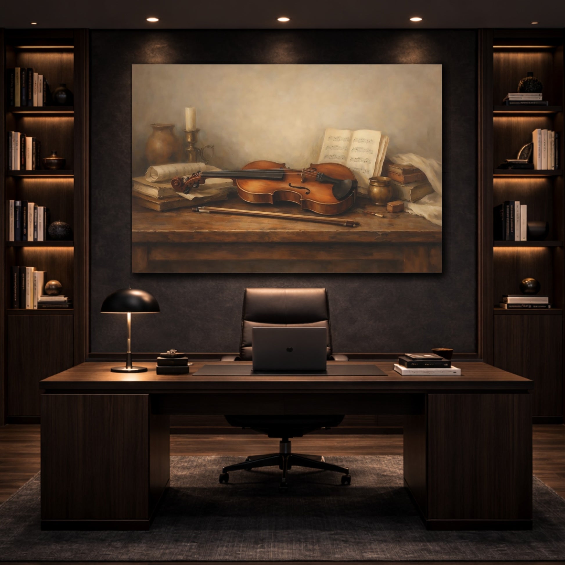 Mockup 4. Neutral Violin On Wooden Table Scene shown as stretched canvas wall art