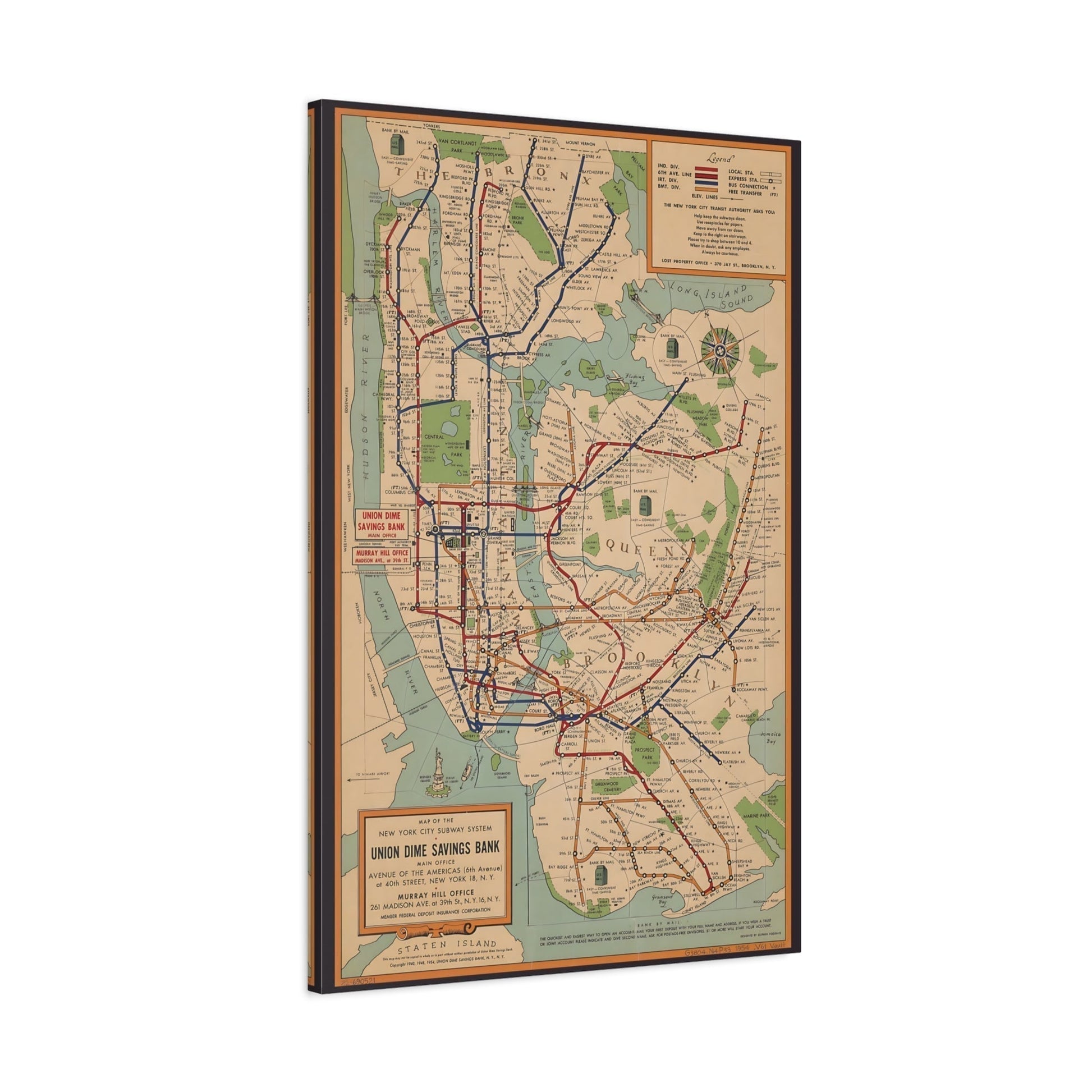 New York City Map Subway - Voorhies Canvas Wall Art Print