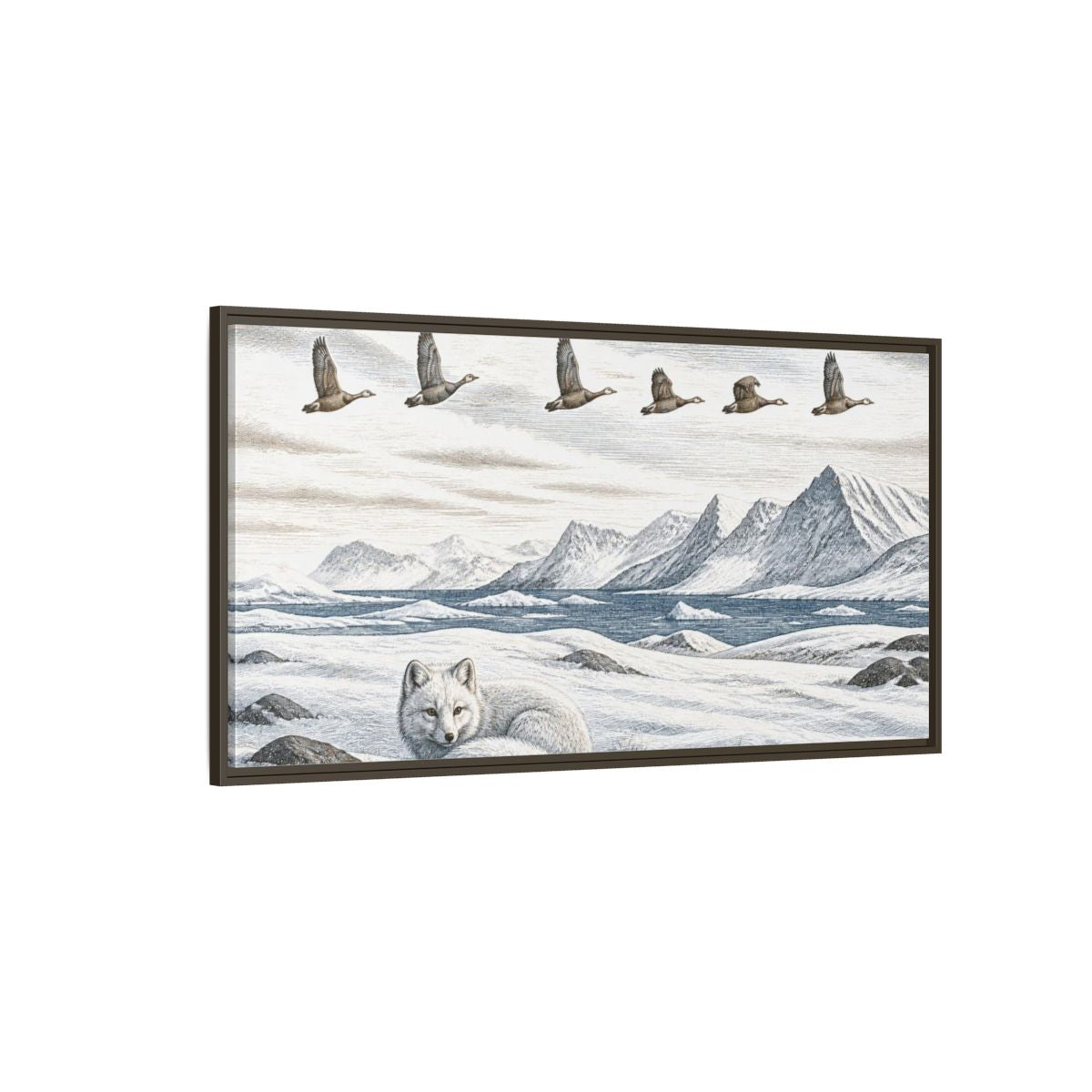 Side Mockup 4. Nordic Arctic Fox shown as framed canvas print